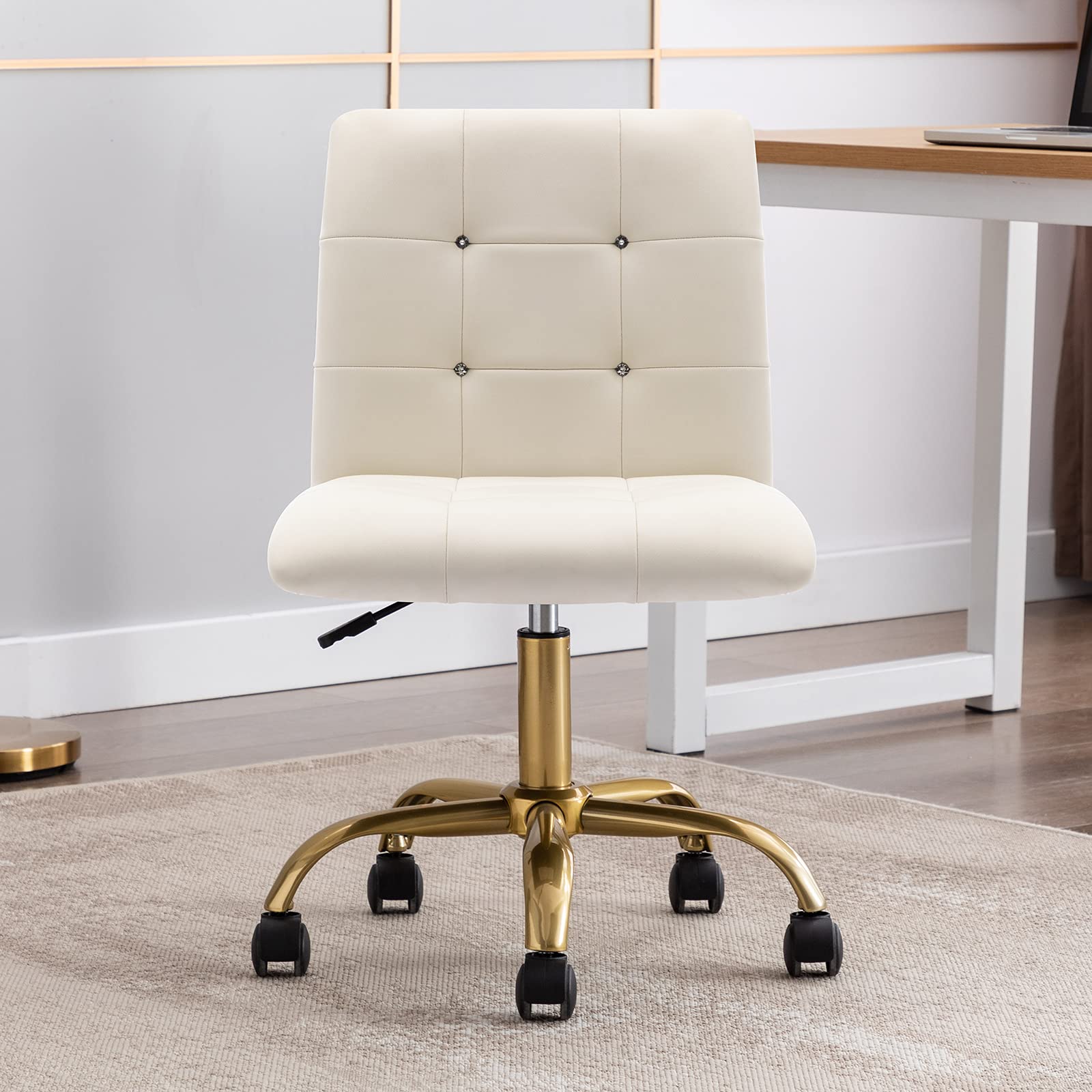 DUHOME Rolling Desk Chair for Women - Elegant Vanity Chair with Wheels, Button Tufted PU Leather Office Chair for Bedroom, Living Room & Home Office - Perfect for Studying, Working & Makeup Vanity (White)