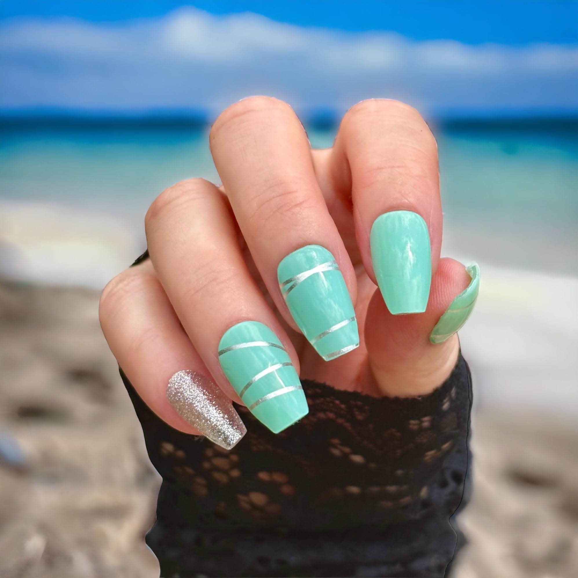 22 Premium Semi-Cured Gel Nail Polish Strips with Application Accessories - Teal, Silver Lines & Glitter for Stunning Nail Art | Perfect for Parties, Weddings & Special Occasions
