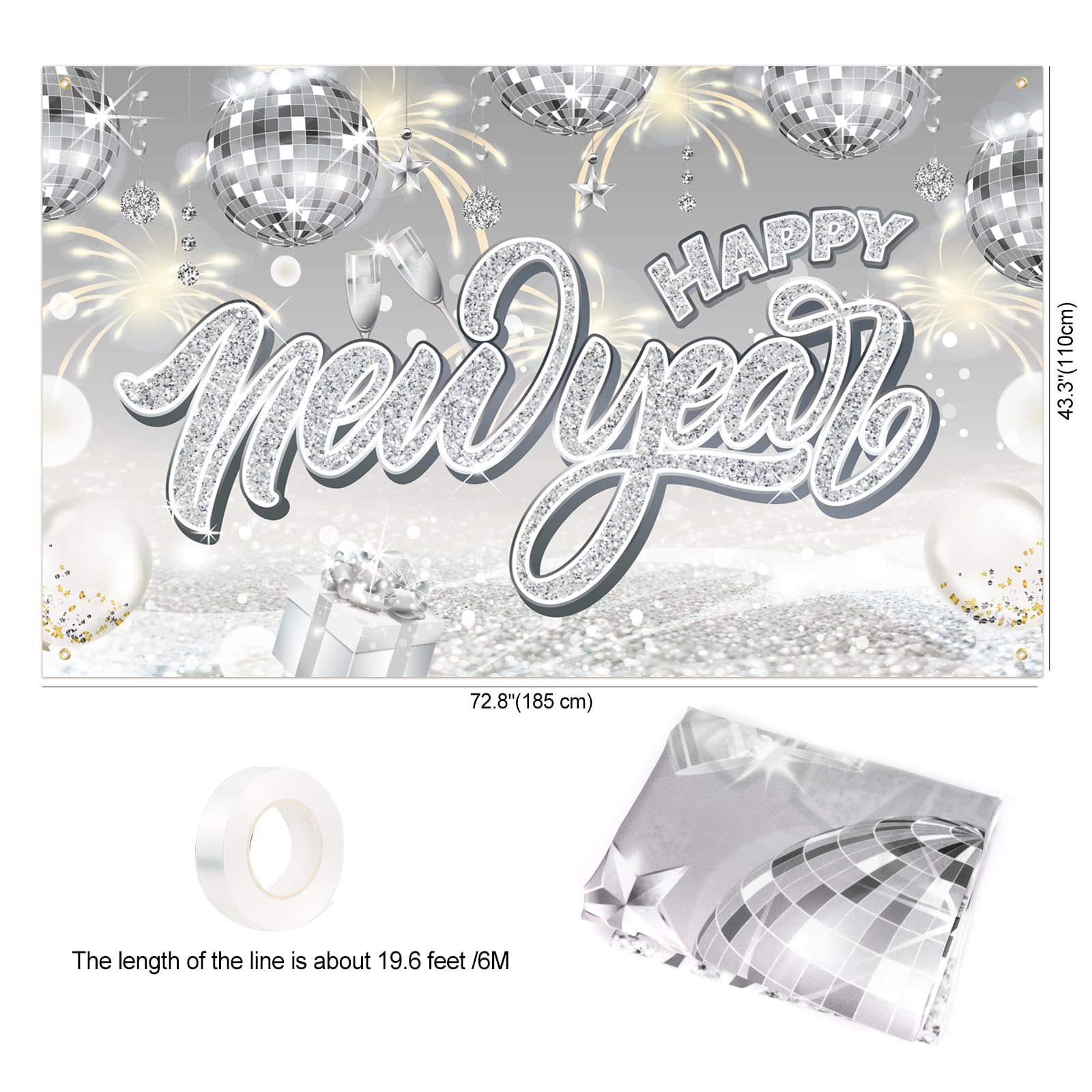 2025 New Year Decorations - Silver NYE Backdrop, Foil Fringe Curtains, Tinsel & Balloons for Party | Happy New Year Banner & Celebration Supplies for Home, Office & Event Decor
