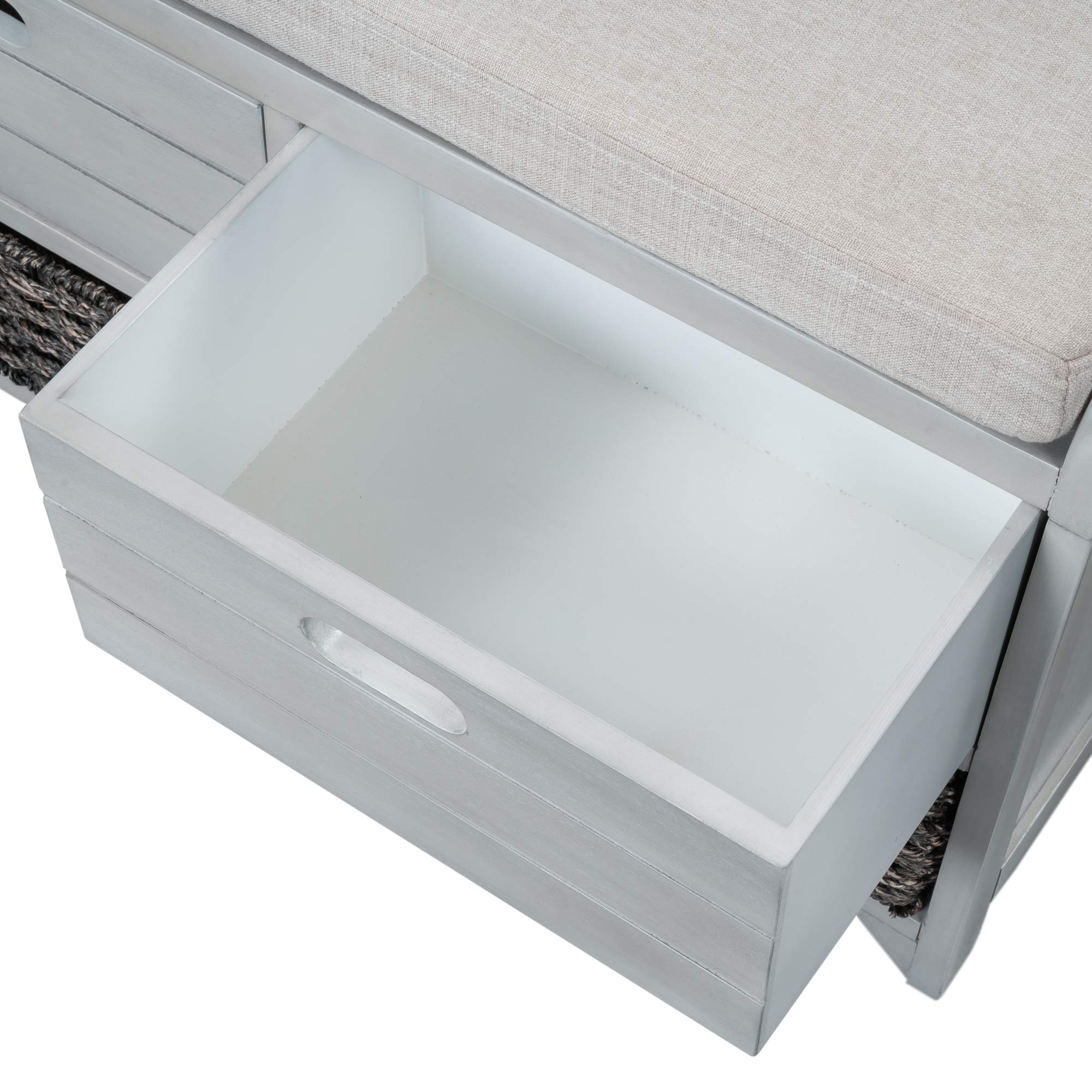 Wooden Storage Bench with 2 Drawers & Wicker Basket - Fully Assembled Entryway Bench with Removable Cushion - Hallway Shoe Bench for Living Room, Bedroom & Entryway Organization (Light Grey)