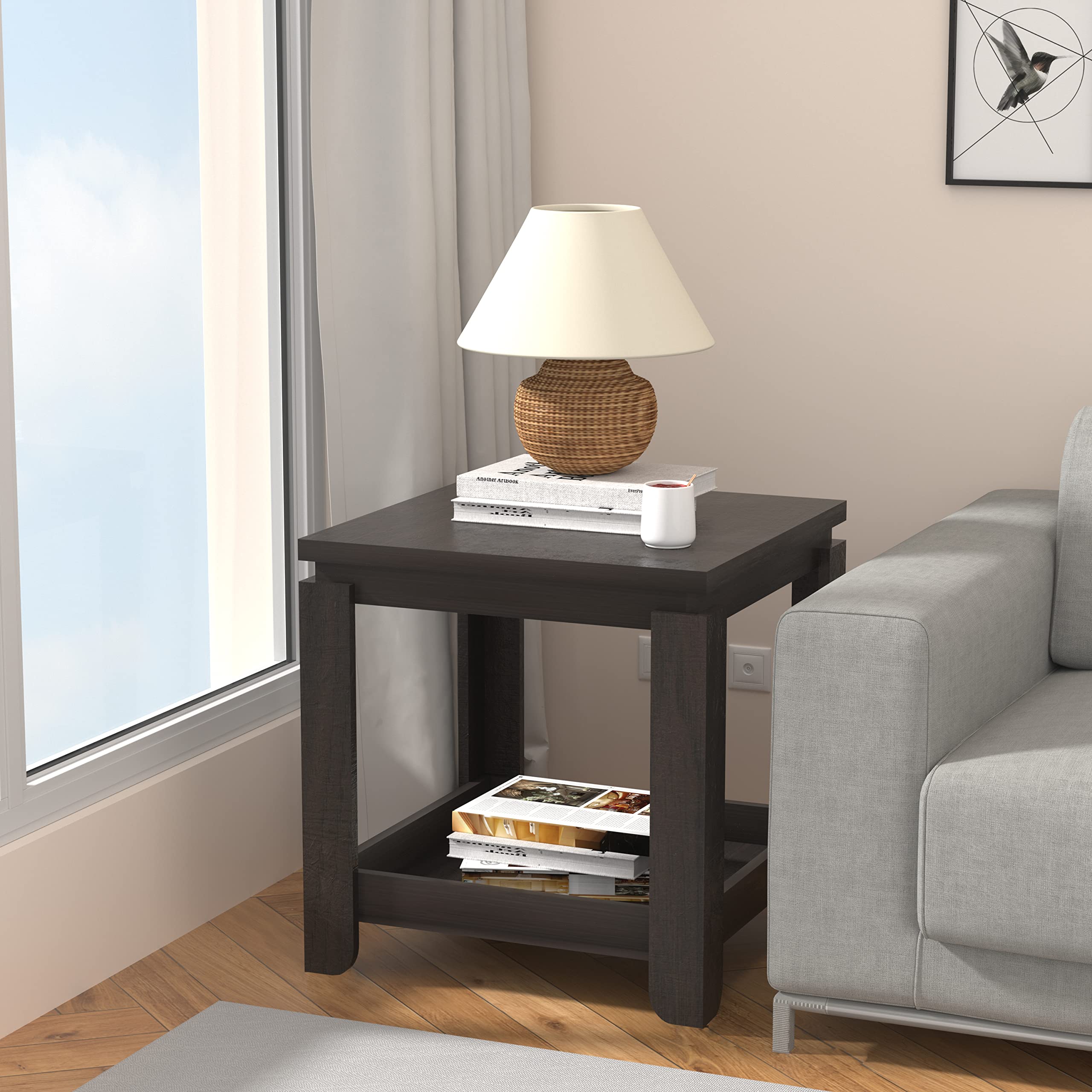 Modern Wooden End Table with 2-Tier Storage Shelf - Bedside Nightstand for Bedroom & Living Room - Easy Assembly - 19.6