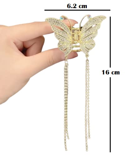 Falkiya Rhinestone Tassel Butterfly Hair Clips - Gold Metal Hair Claws with Pearls for Women & Girls | Small Size Hair Accessories for Parties, Weddings & Everyday Styling