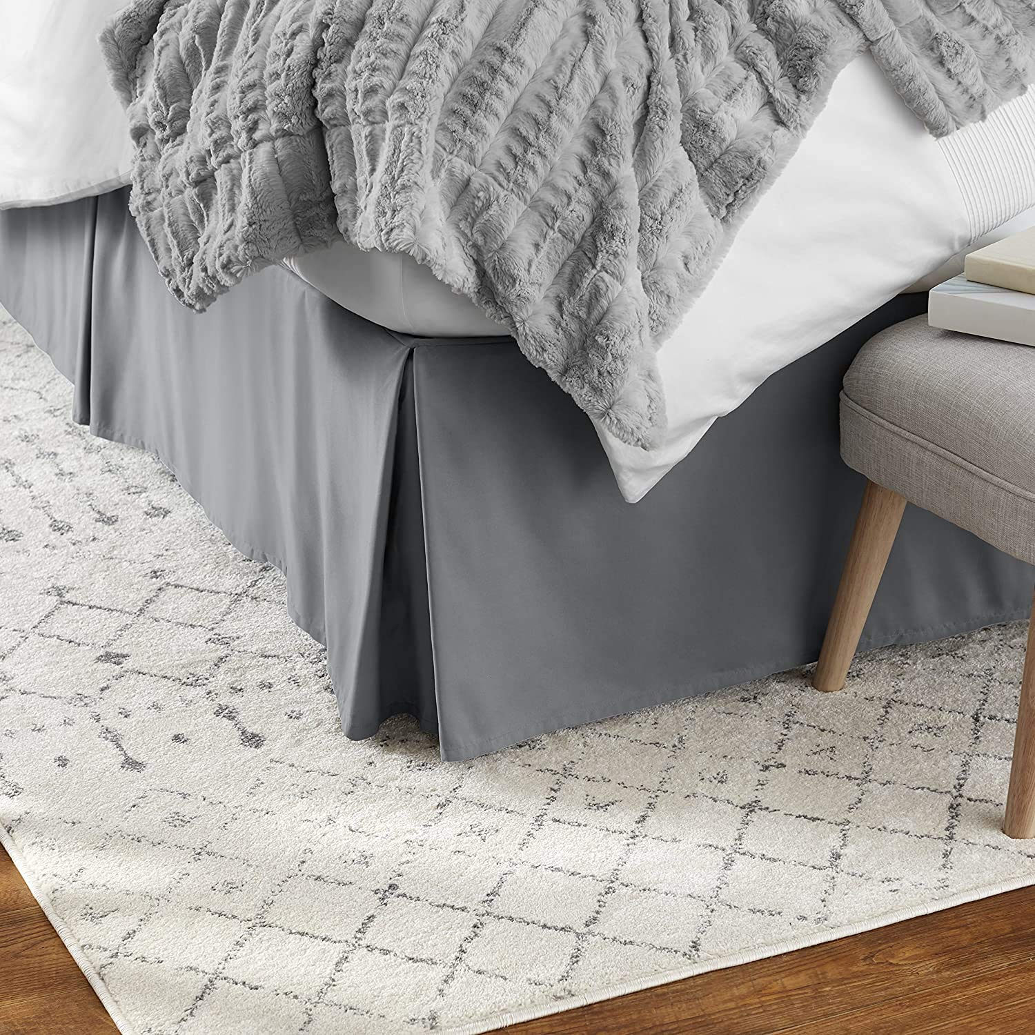 Cal-King Bed Skirt 15 Inch Drop - 100% Cotton Solid Dark Grey Hotel Quality Tailored Drop - Wrinkle & Fade Resistant - Perfect for Luxury Bedrooms & Guest Rooms