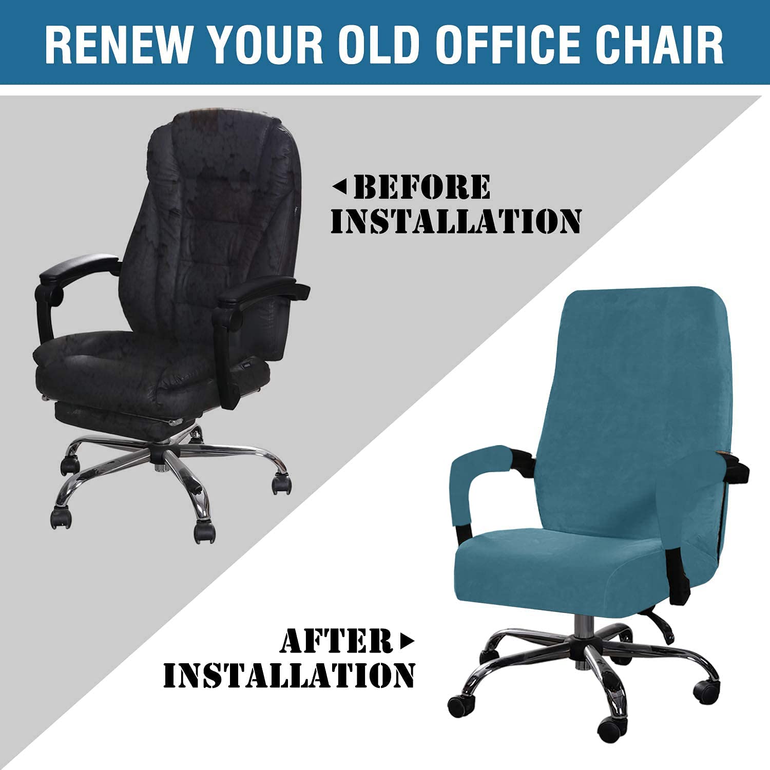 Stretchable Velvet Office Chair Cover - Removable & Washable Universal Elastic Slipcover for Computer, High Back & Rotating Chairs - Modern Minimalist Style (Blue, Large) - Perfect for Home Office, Gaming & Workspace Decor