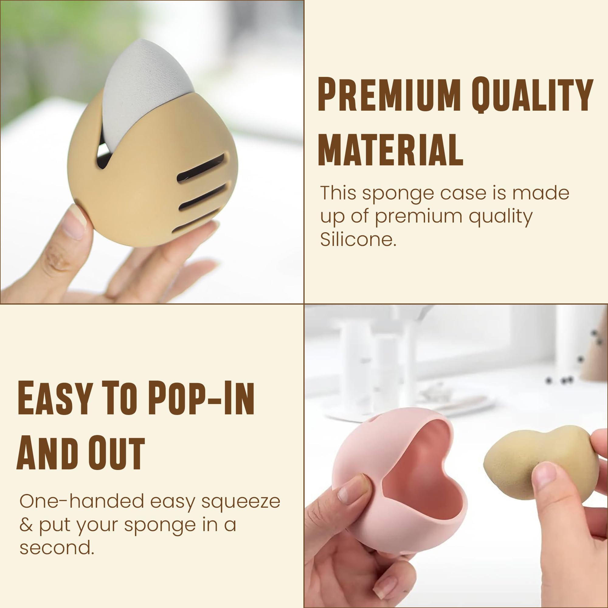 Homeaura Silicone Makeup Sponge Holder - Double Sided Breathable & Shatterproof Beauty Blender Case for Travel | Portable Cosmetic Organizer | Pack of 2 (Khaki & Pink) | Perfect for Makeup Artists & On-the-Go Touchups