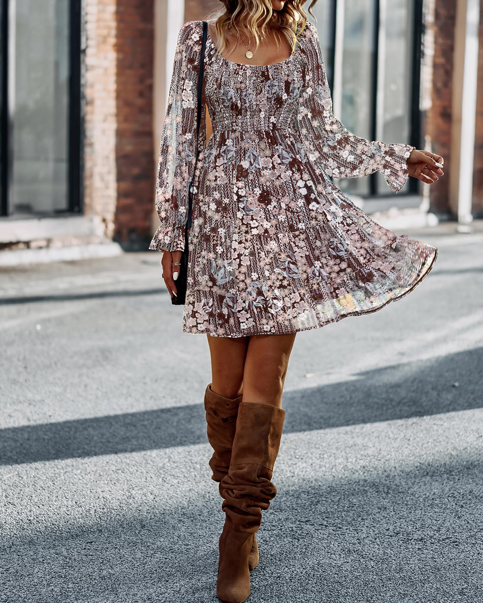 BTFBM Women's Floral Swiss Dot Boho Dress - Square Neck Smocked Mini Dress with Long Sleeves for Spring & Summer 2025 | Perfect for Wedding Guest, Garden Party & Casual Outings