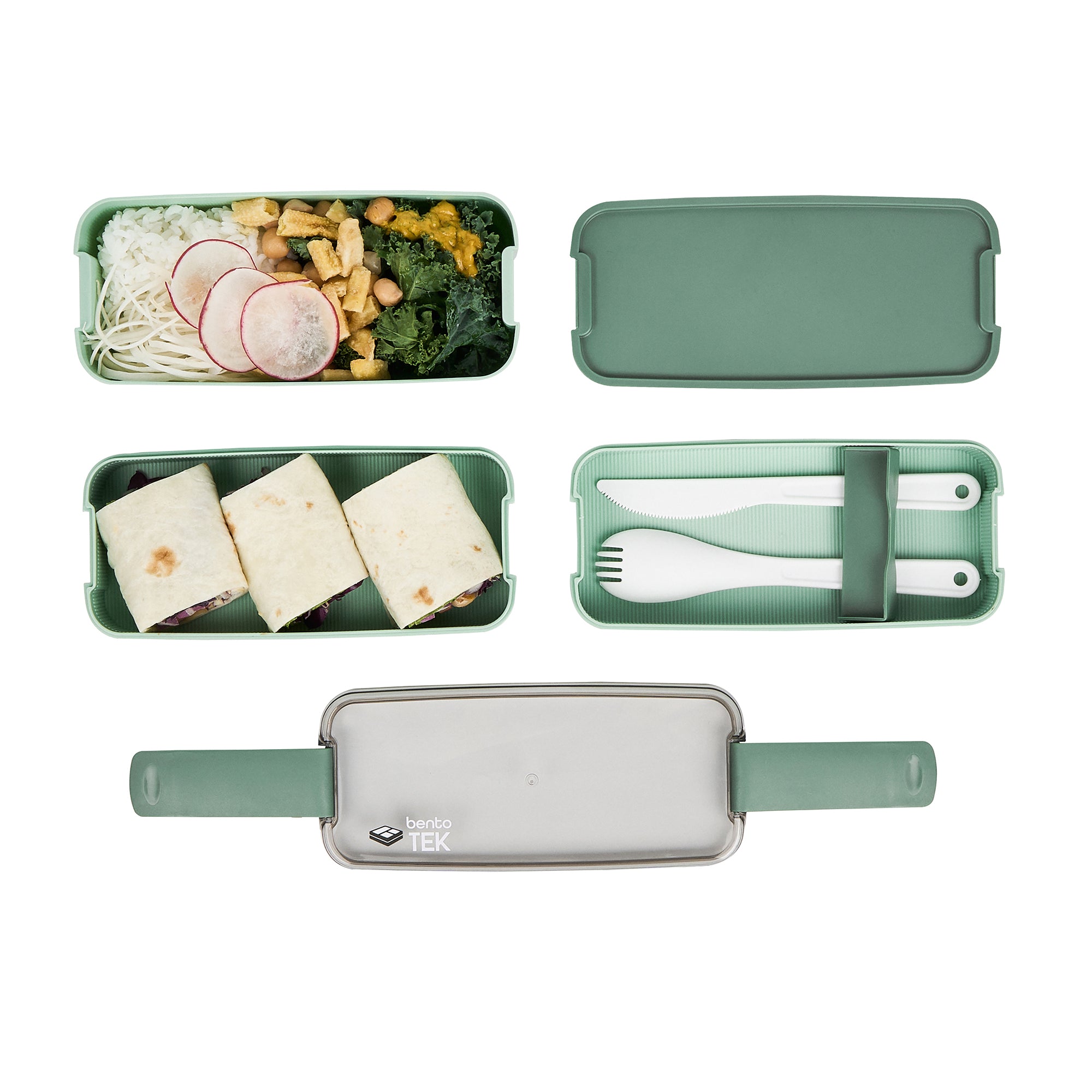Bento Tek 30 oz Green 3-in-1 BPA Free Lunch Box with Fork & Knife - Microwave Safe Food Container (7.5