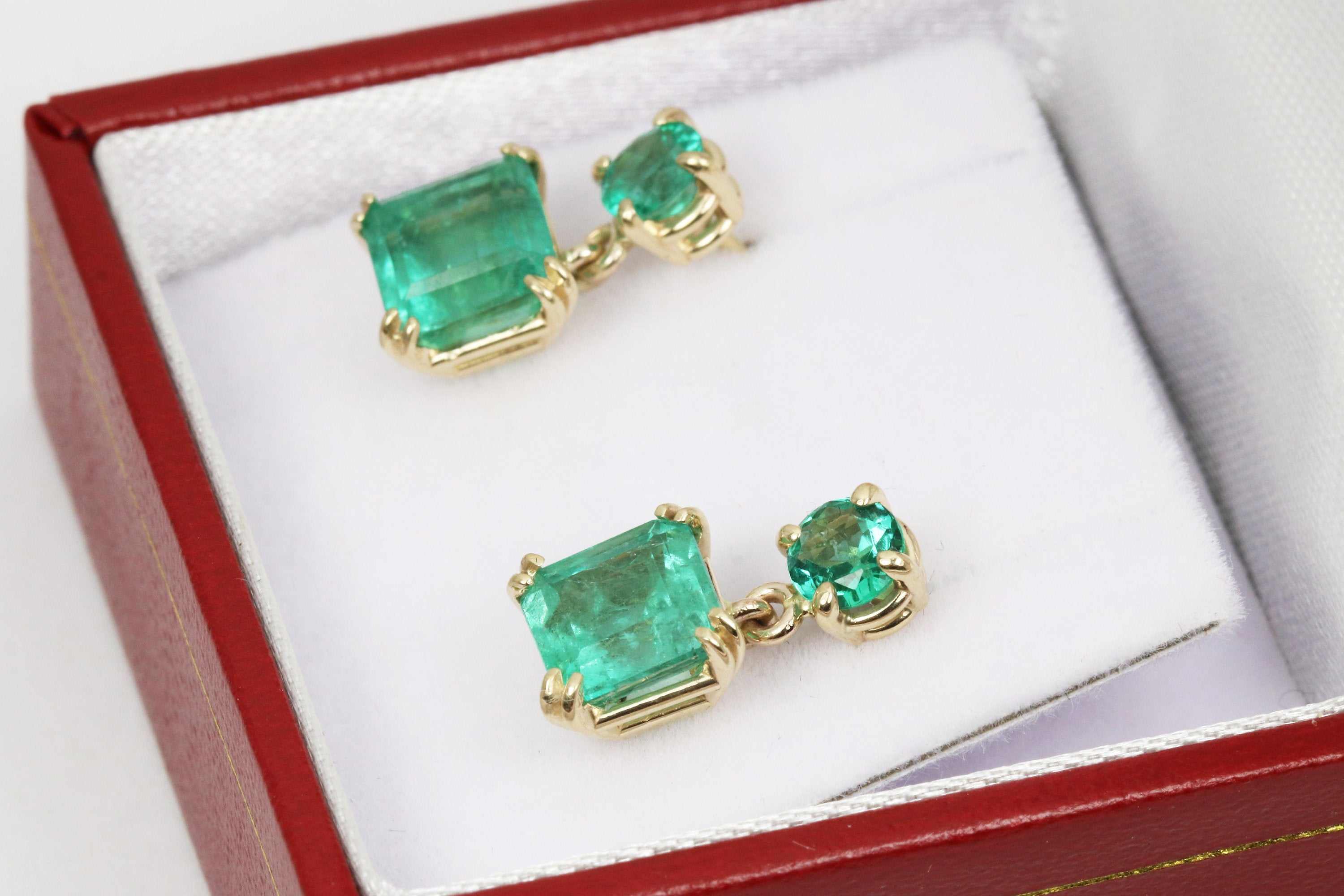 3.20tcw Natural Rich Green Emerald Asscher & Round Cut Dangle Stud Earrings in 14K Gold - Elegant Jewelry for Weddings, Parties & Special Occasions