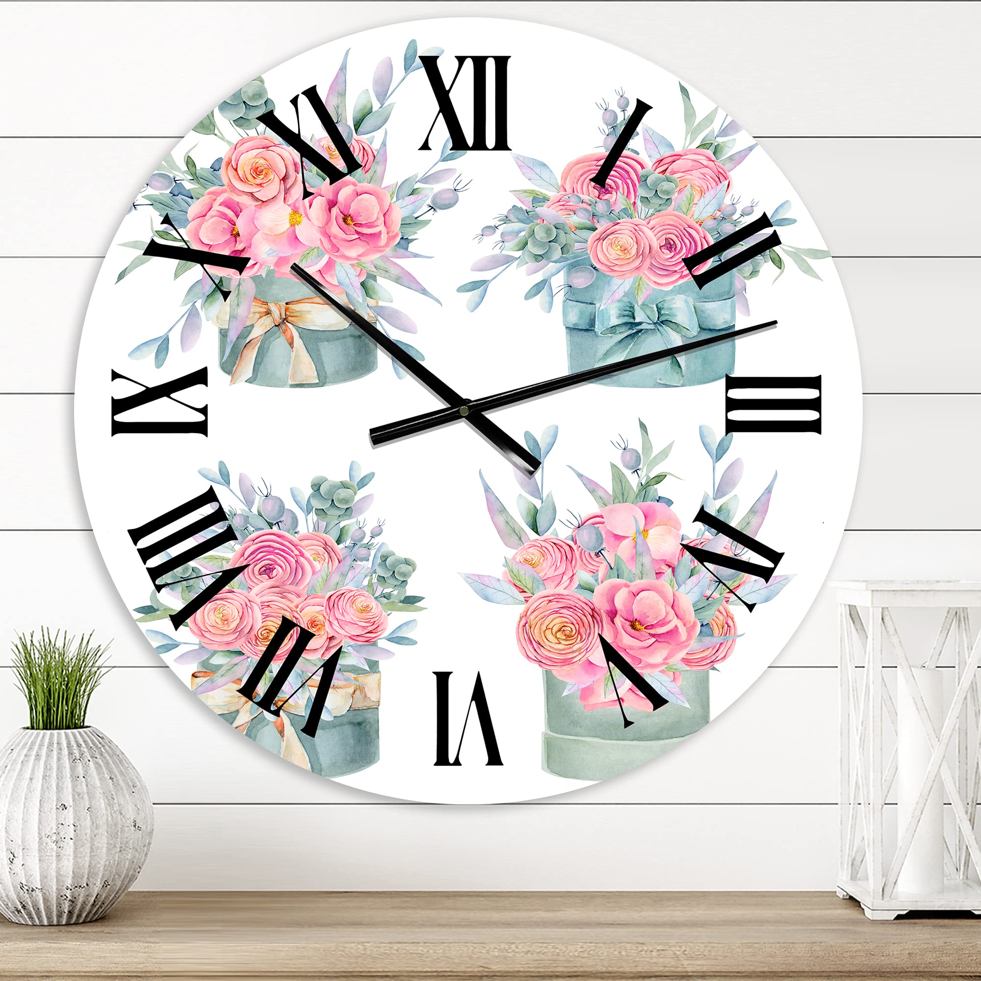 DesignQ Farmhouse Wall Clock - Large Pink Roses Floral Wall Decor for Kitchen, Living Room, Bedroom | Perfect for Rustic Home Decor & Gift Giving