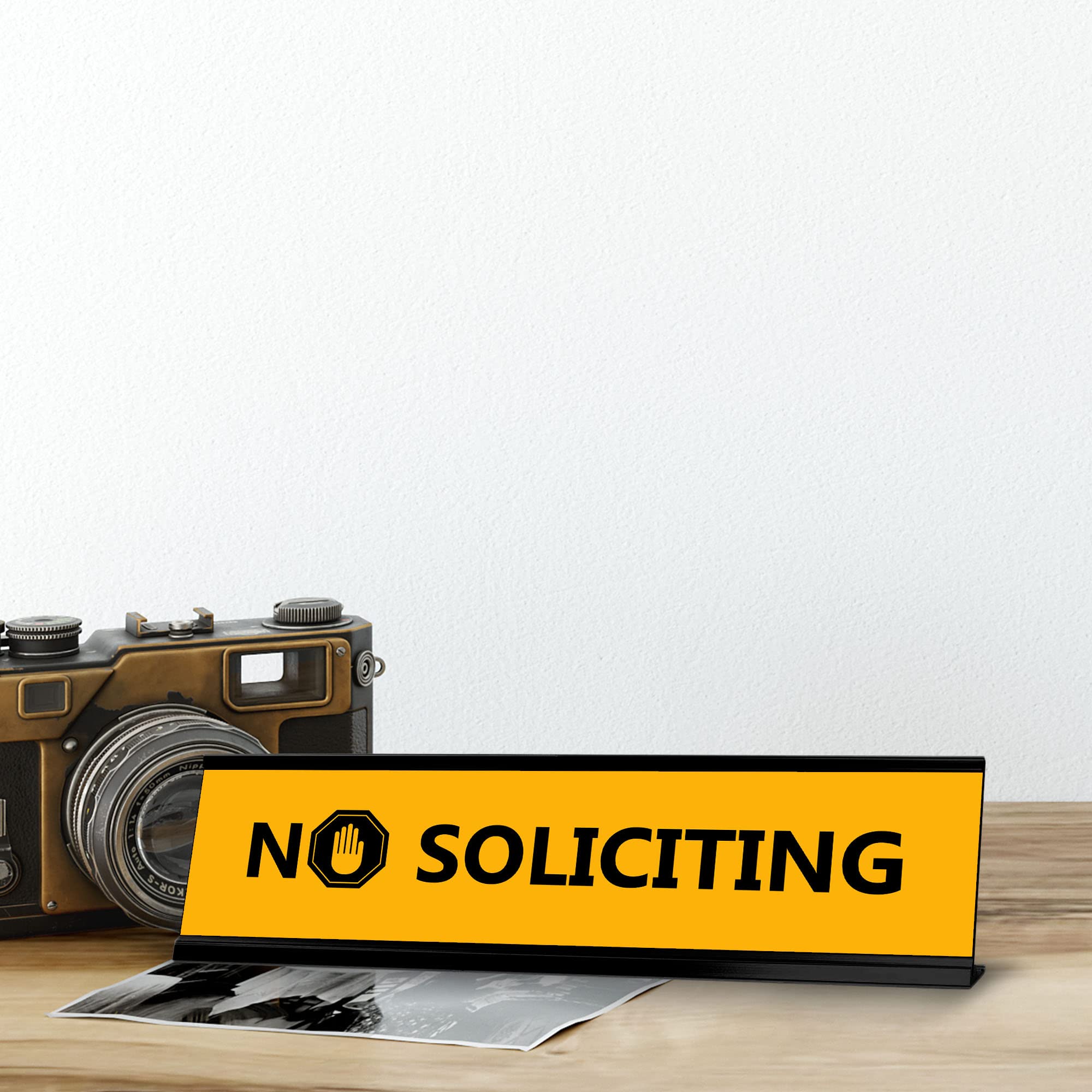 No Soliciting Sign - Black Frame Office Desk Sign (2x8 Inches) - Perfect for Business, Reception, and Home Office Privacy