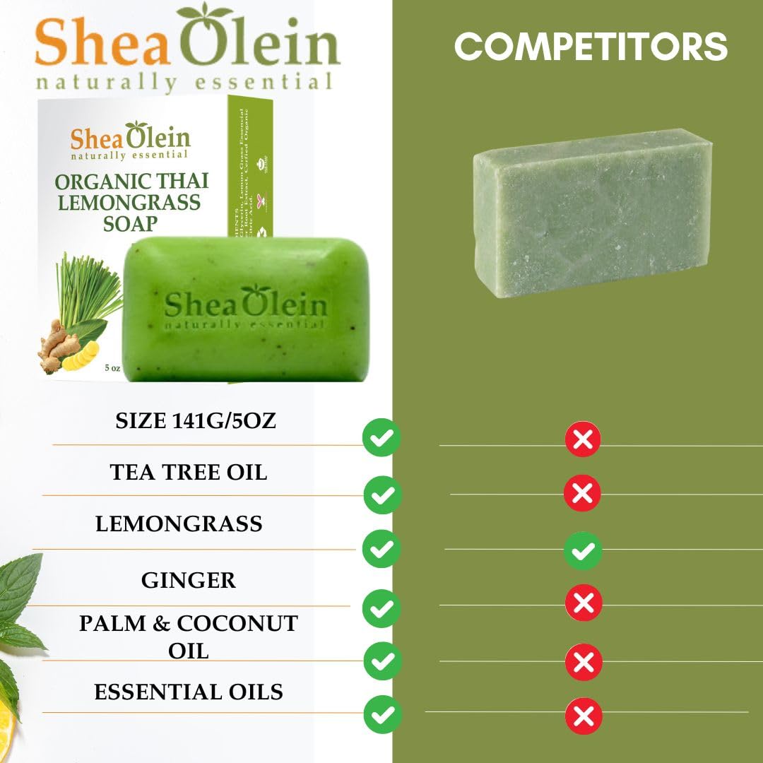Organic Thai Lemongrass Shea Olein Soap Bar - Antibacterial, Anti-Odor with Tea Tree & Ginger Root - pH Balanced Natural Bar Soap for Refreshing Clean (5 oz, 6 Bars) - Perfect for Daily Shower, Spa Day & Travel Toiletries