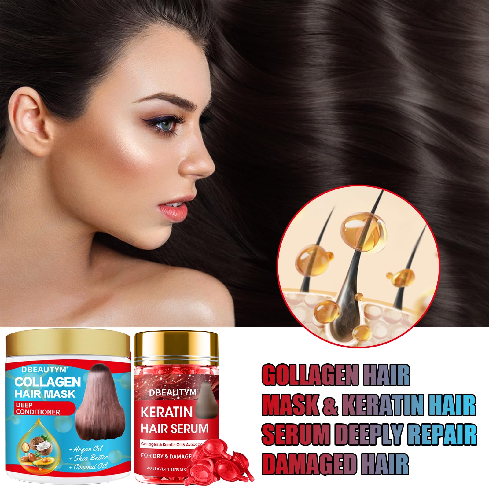 **Collagen Hydrating Hair Mask & Keratin Hair Serum - Natural Deep Conditioner for Dry, Frizzy Hair - Moisturizing Hair Oil for Split Ends & Styling - Keratin Styling Oil Capsules - Perfect for Damaged Hair Repair & Daily Hair Care**