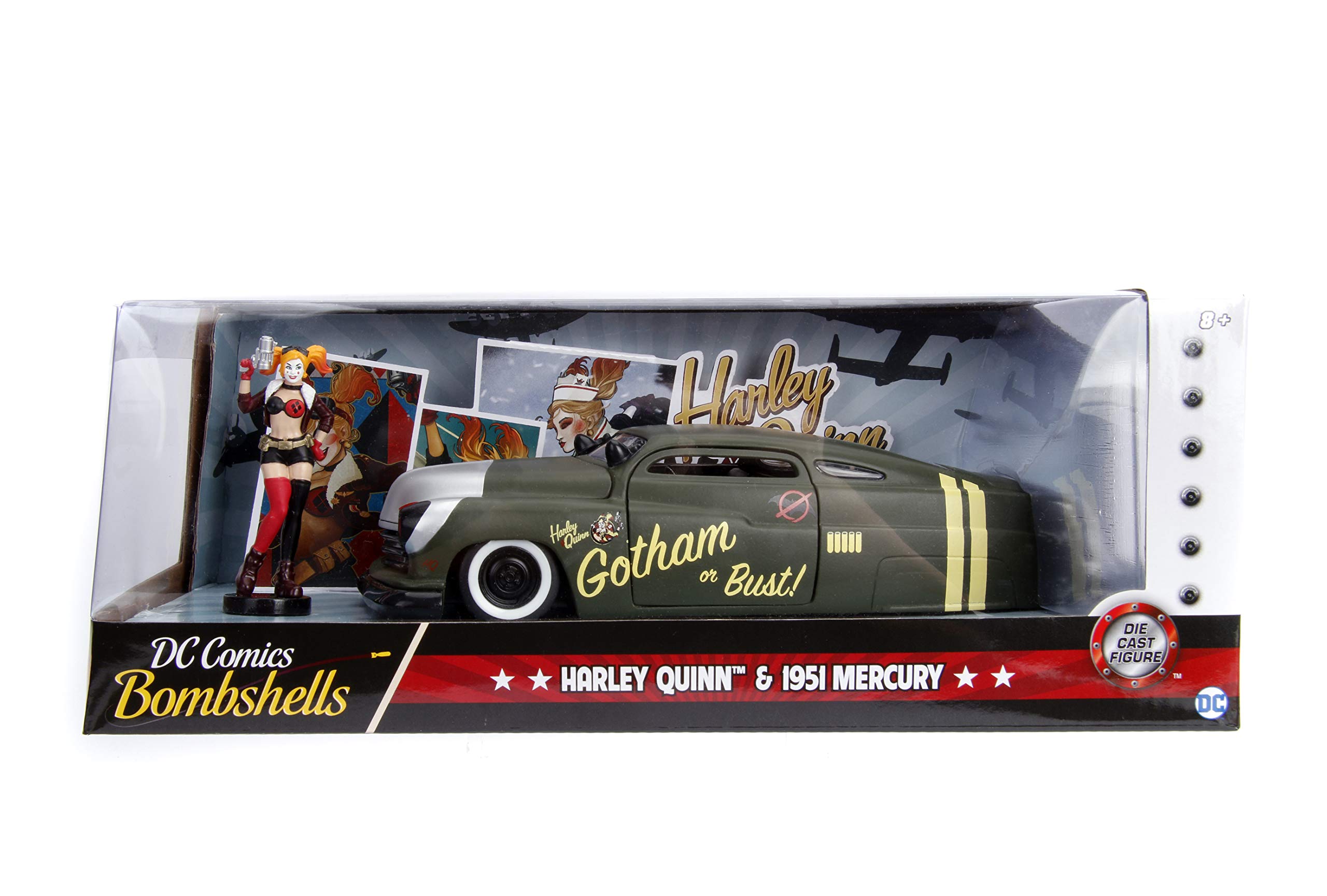 JADA TOYS 1/24 Scale Mercury 1951 & Harley Quinn Action Figure - Collectible Die-Cast Model Car with DC Comics Character for Display & Gifts