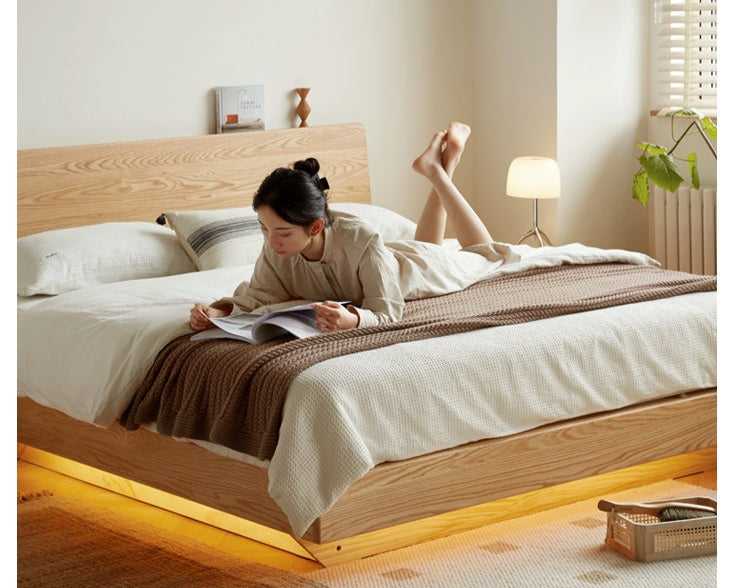Solid Oak & Black Walnut Wood Floating Platform Bed with LED Lighting - Modern Bedroom Furniture for Contemporary Home Decor