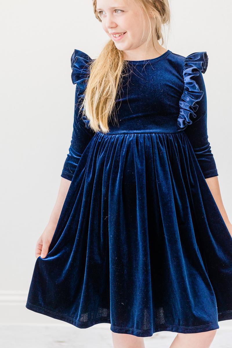 Navy Blue Velvet Ruffle Twirl Dress for Girls | Elegant Party Dress for Weddings, Holidays & Special Occasions