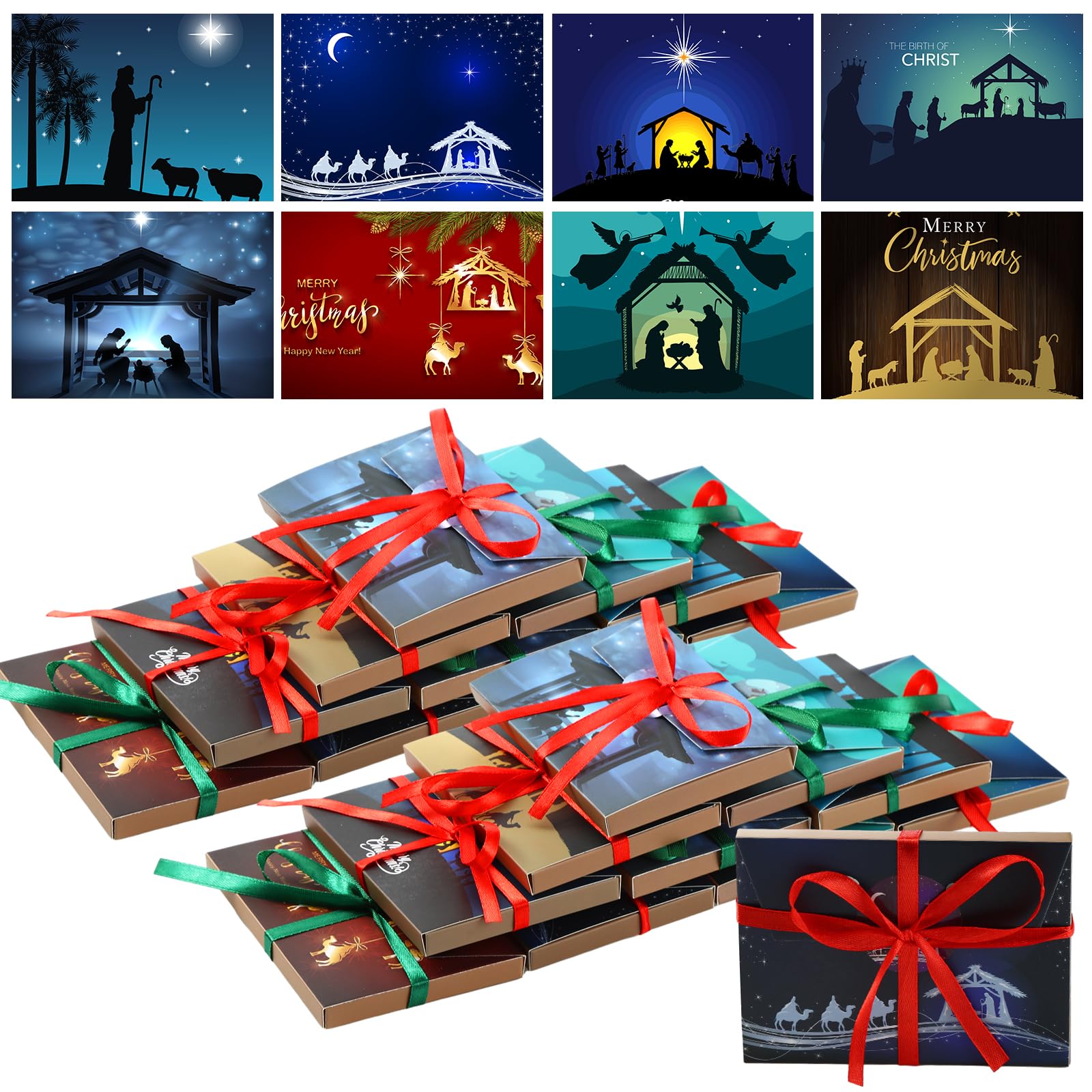 48 Pcs Christmas Nativity Gift Card Holders - Elegant Gift Boxes with Ribbon & Tags for Holiday Cards, Money, Small Gifts - Perfect for Christmas Party Favors, Office Gifts & Festive Wrapping