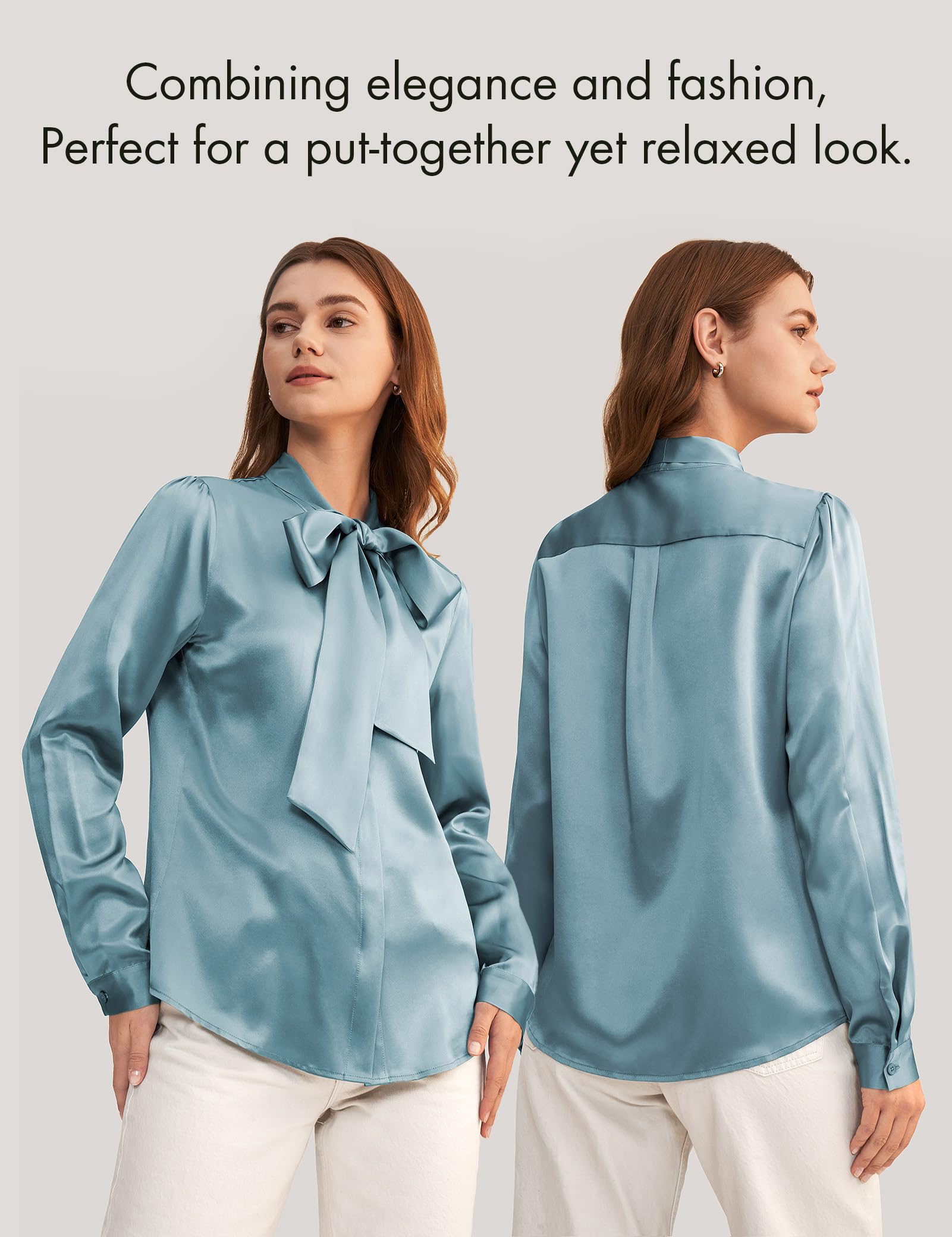 LilySilk Women's Vintage Bow Tie Neck Long Sleeve Silk Blouse - 100% Pure Silk Button Down Shirt for Office, Party & Special Occasions