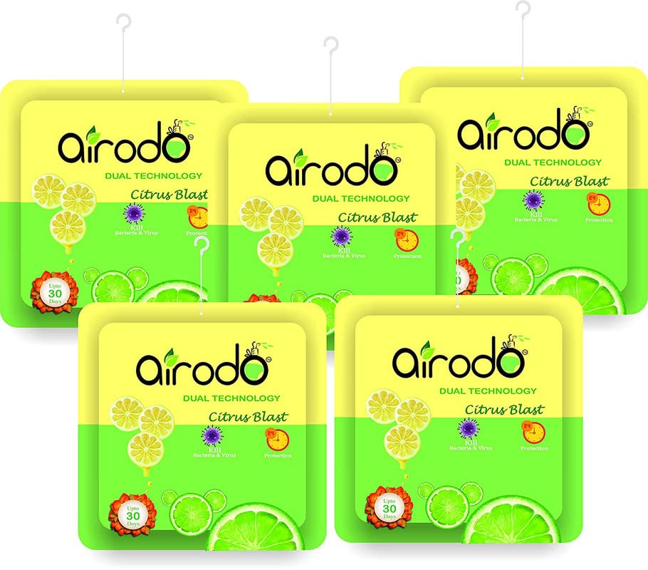 Airodo Citrus Blast Air Freshener Gel - Long Lasting Premium Fragrance Booster for Home, Office & Bathroom | Skin-Friendly Lemon Scent | Pack of 5 (50g Each) | Perfect for Cars, Closets & Small Spaces