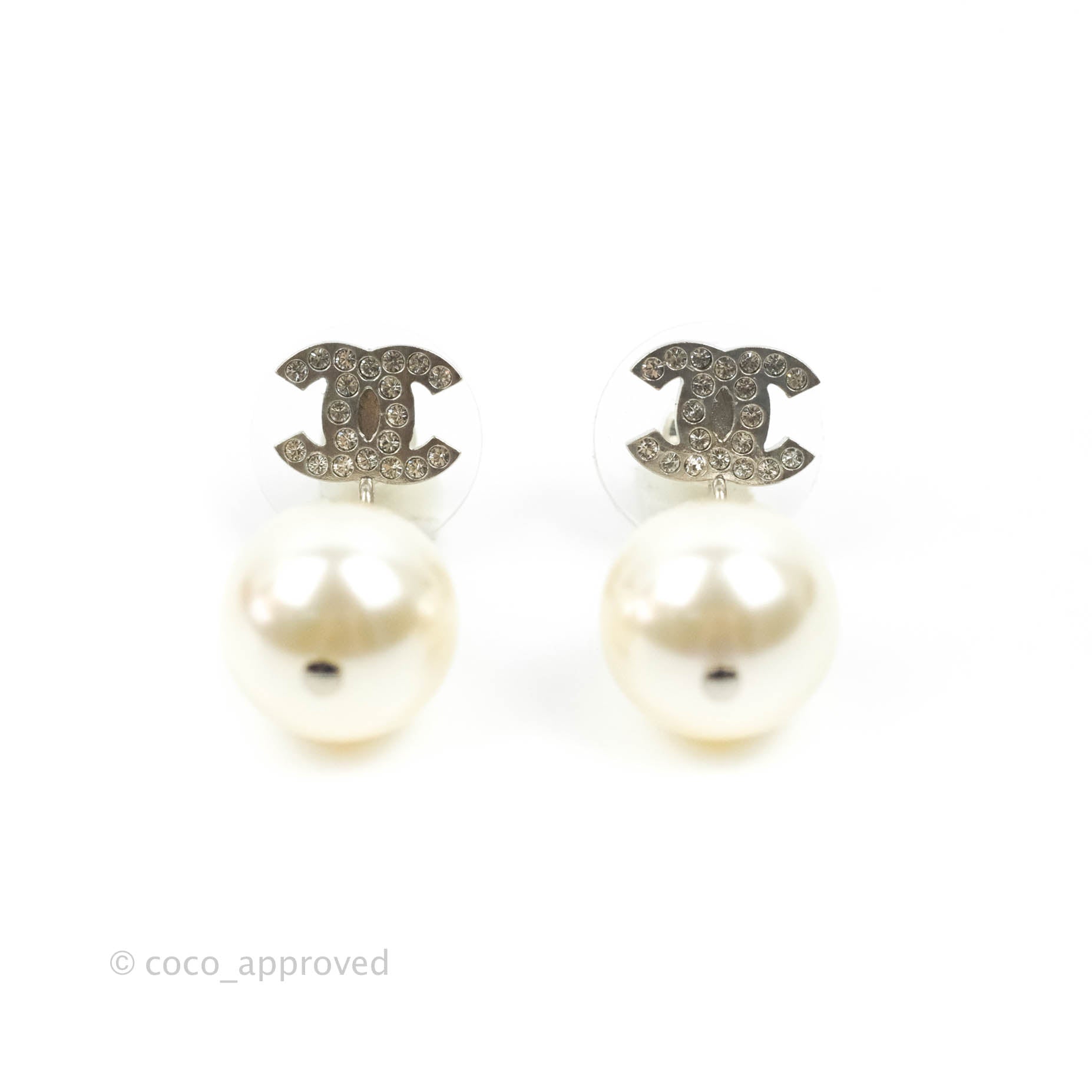 Chanel CC Crystal Pearl Drop Earrings - Silver Tone 23V - Luxury Fashion Jewelry for Women, Perfect for Parties, Weddings & Special Occasions
