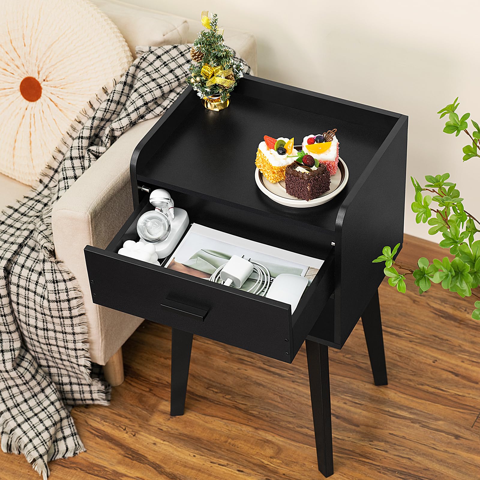 Modern Black Nightstand with Drawer - Wooden Bedside Table for Small Spaces, Storage Side Table - Perfect for Bedroom, Living Room, Dorm & Office (26.38