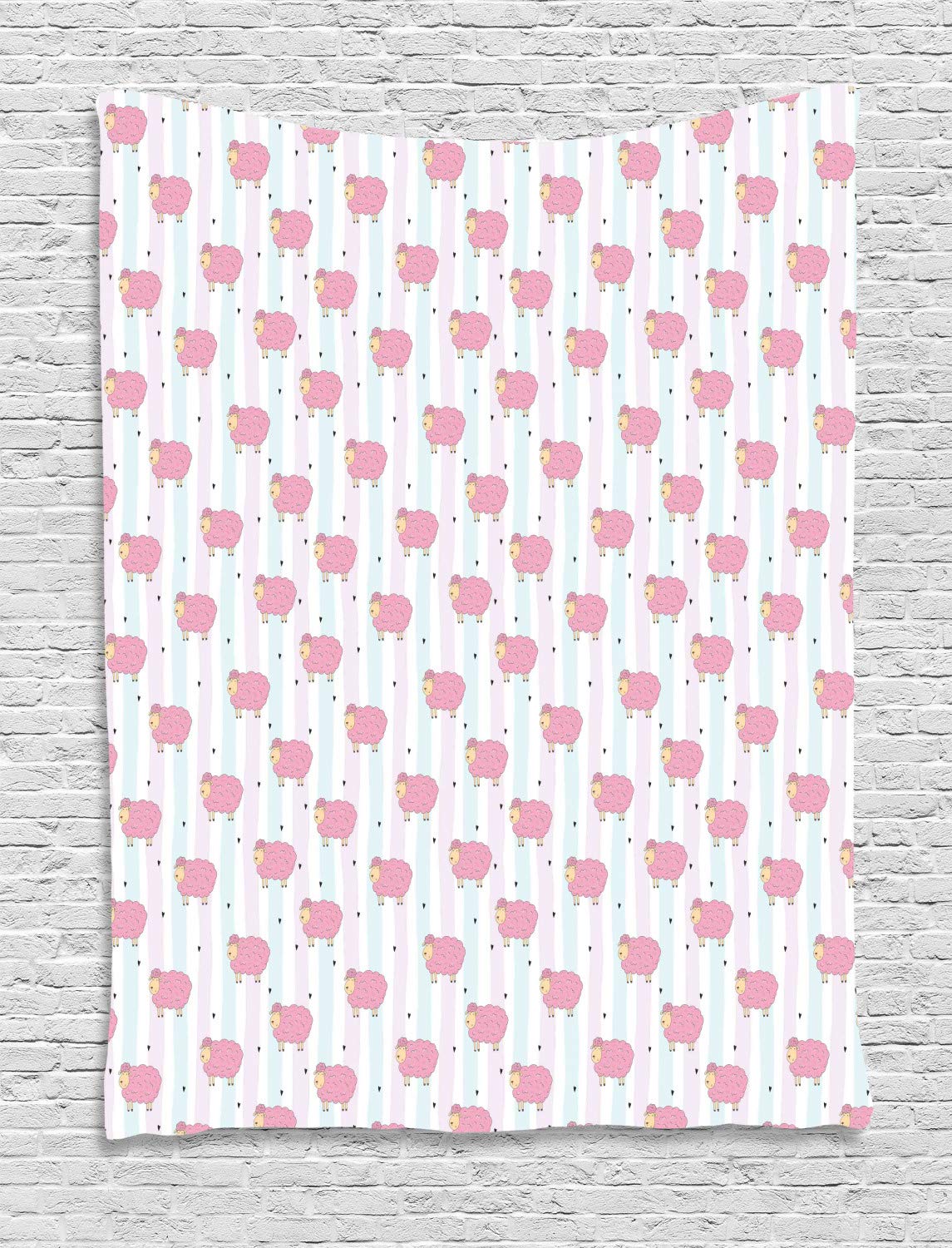Ambesonne Abstract Sheep Cartoon Tapestry with Stripes and Hearts - Pink and Blue Wall Hanging Decor for Bedroom, Living Room, Dorm - 60x80 Inches - Perfect for Boho Chic Home Decor and Teen Room Aesthetics