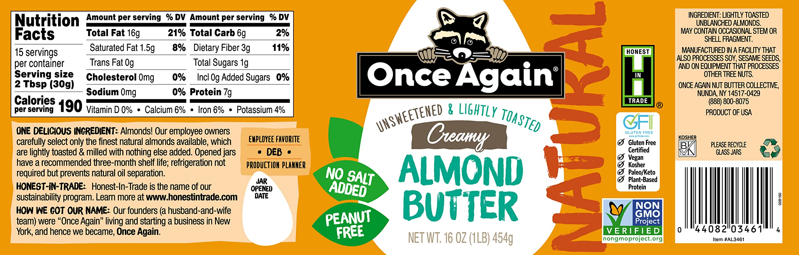 Once Again Natural Creamy Almond Butter, 16oz - Lightly Toasted, Salt Free, Unsweetened - Gluten Free, Peanut Free, Vegan, Kosher & Paleo Certified - Healthy Snack for Smoothies, Toast & Baking - Glass Jar