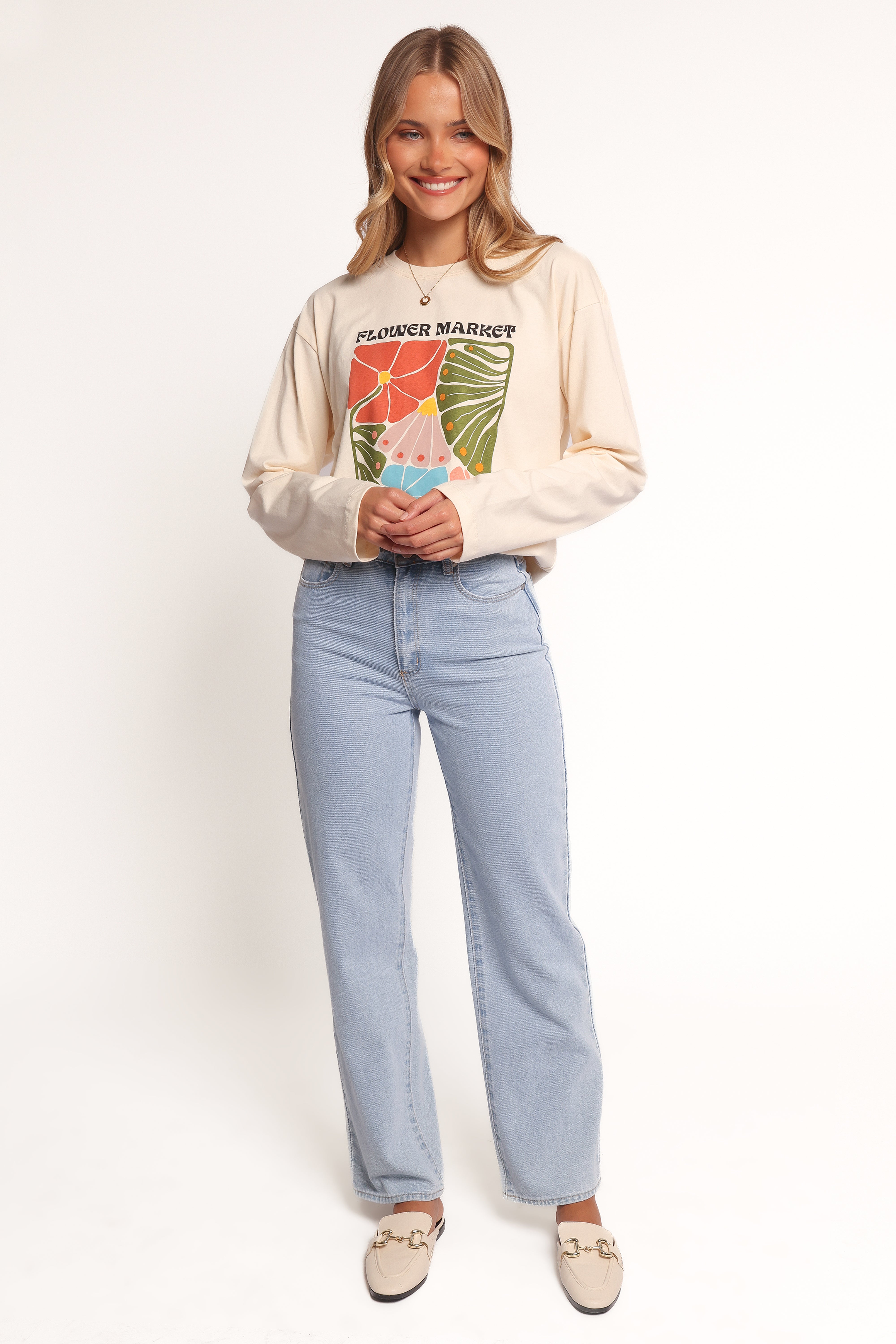 Flower Market Long Sleeve T-Shirt for Women - Soft Cream Casual Top for Spring & Fall | Perfect for Daily Wear, Outings & Layering