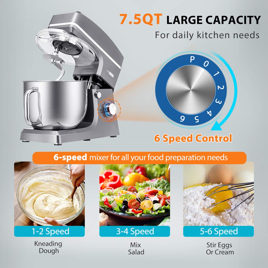 VIVOHOME 7.5 Quart Stand Mixer - 660W 6-Speed Tilt-Head Electric Kitchen Mixer with Beater, Dough Hook, Wire Whip & Egg Separator - Heavy Duty Baking & Cooking Appliance for Cakes, Cookies, Bread & Dough - Iron Gray