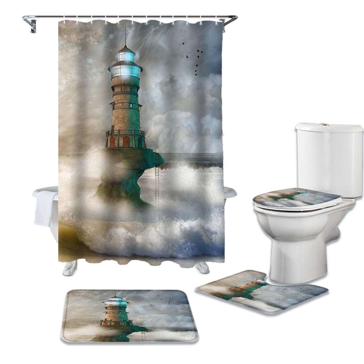 Non-Slip Lighthouse Ocean Waves Bath Rug Set - 4 Piece Bathroom Mat with Shower Curtain, Toilet Cover & Lid - Funny Coastal Decor for Bathroom Safety & Style - Perfect for Nautical Theme Bathrooms & Beach House Decor