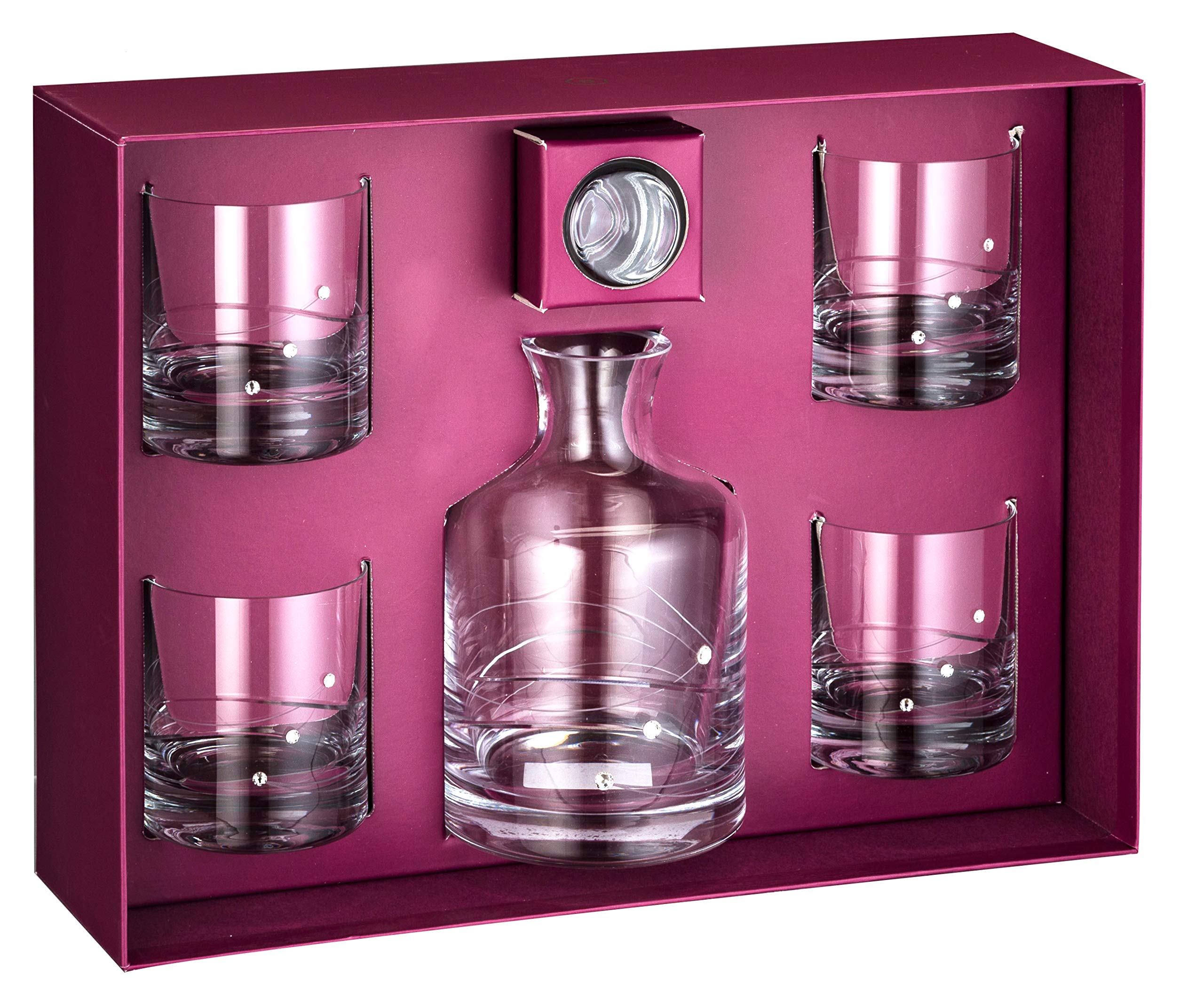 Barski Premium 26 oz Whiskey Decanter Set with 4 Crystal 10.5 oz Tumblers - Handmade European Glass Barware Decorated with Genuine Diamonds - Luxury Gift Boxed for Home Bar, Wedding & Anniversary Gifts - Elegant Cocktail Serving Set for Whiskey, Bourbon & Scotch
