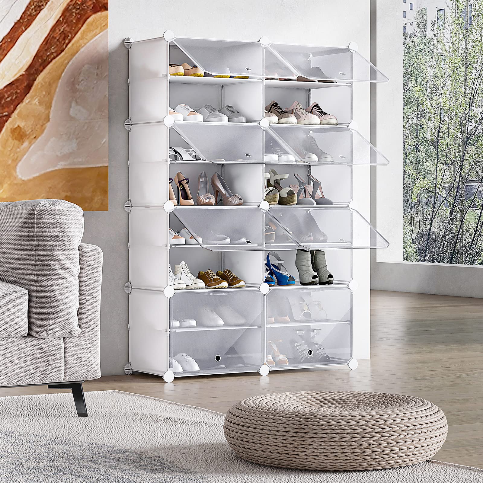 8-Tier Shoe Rack Organizer - 32 Pair Freestanding Plastic Shoe Storage Cabinet with 16 Cubes | Space-Saving Entryway, Hallway, Closet & Bedroom Shoe Shelf | White DIY Shoe Organizer for Home & Office Use