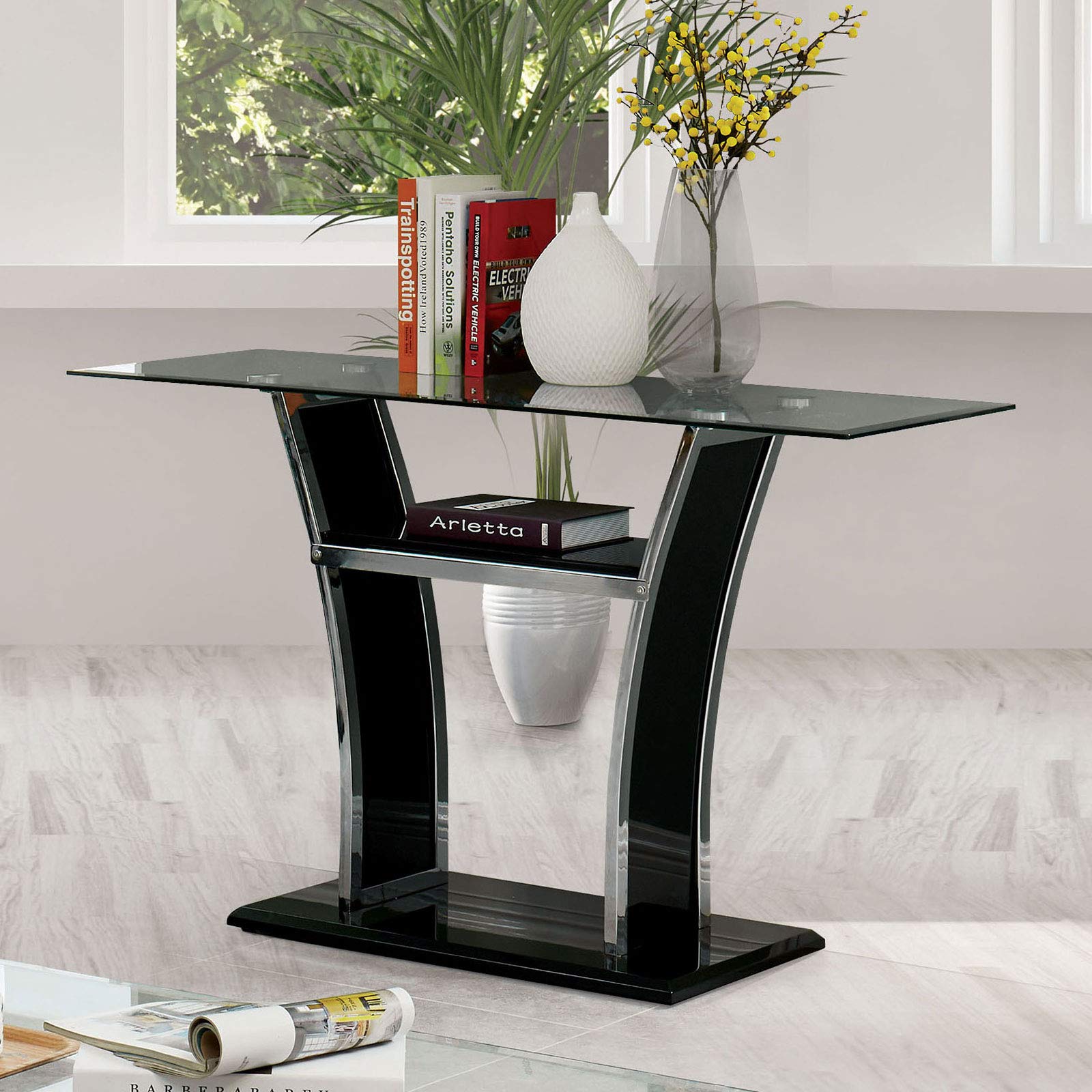 Benjara Modern Sofa Table with Chrome Trimmed Curved Sides & Open Bottom Shelf - Stylish Console Table for Living Room, Entryway, or Behind Couch Decor