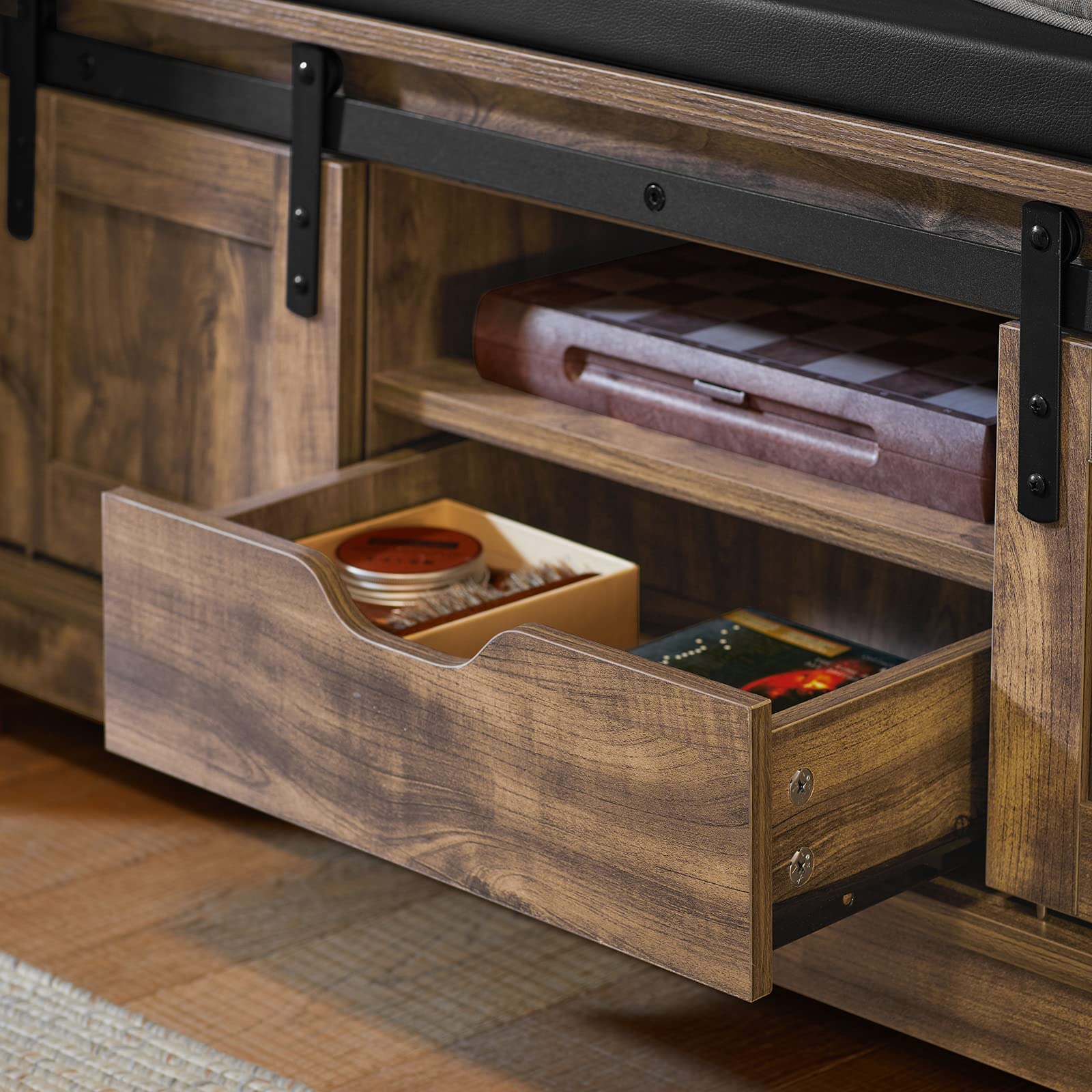 Haotian Industrial Style Shoe Storage Bench with Sliding Barn Doors - Entryway Hallway Shoe Cabinet with Drawer & Padded Seat Cushion - Rustic Window Bench for Mudroom, Living Room or Bedroom - Brown (FSR118-N)
