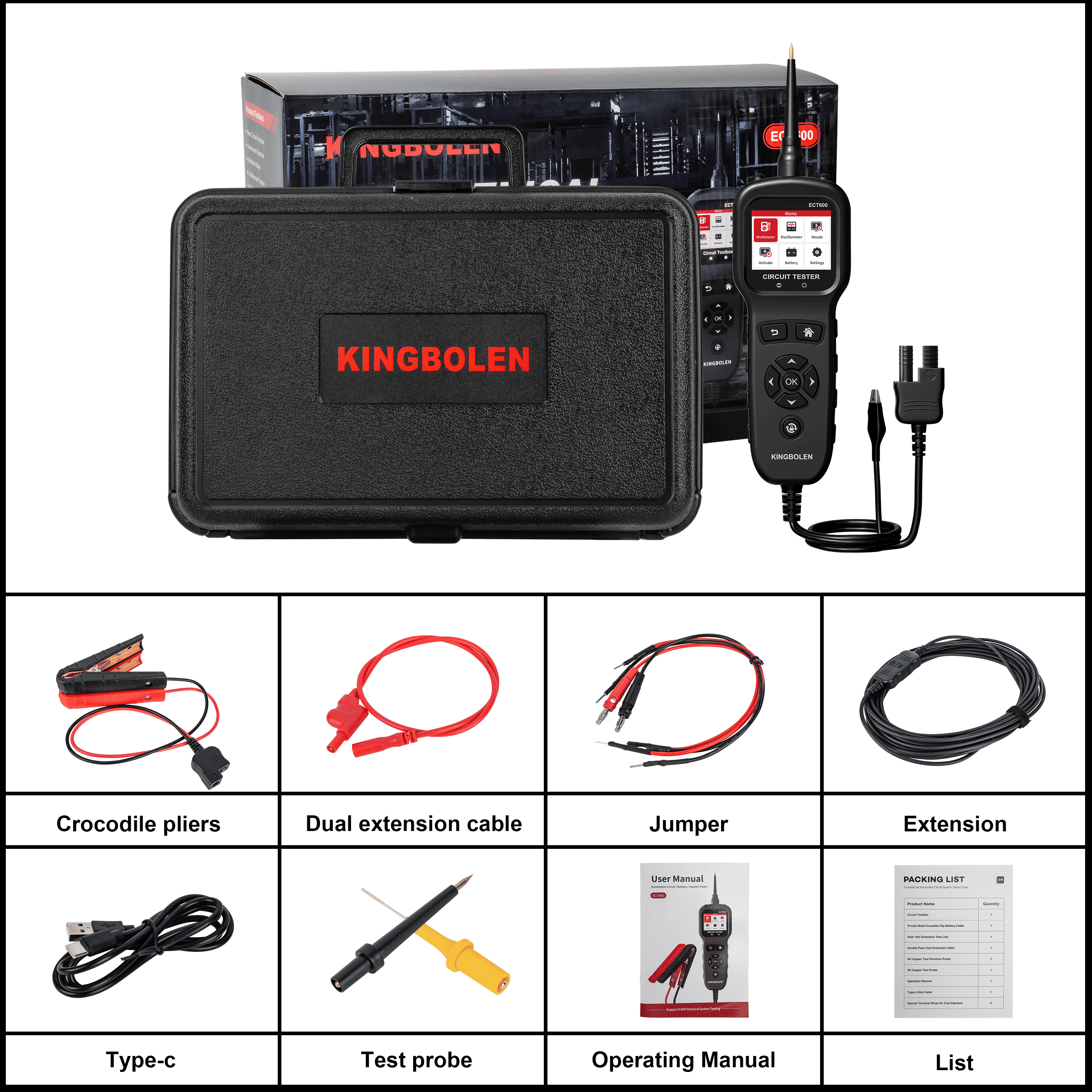 KINGBOLEN ECT600 12V/24V Car Battery Tester - Multi-Function Automotive Battery Analyzer for 0-80V DC with 10m Extension Cord - Perfect for Home, Garage & Roadside Vehicle Maintenance