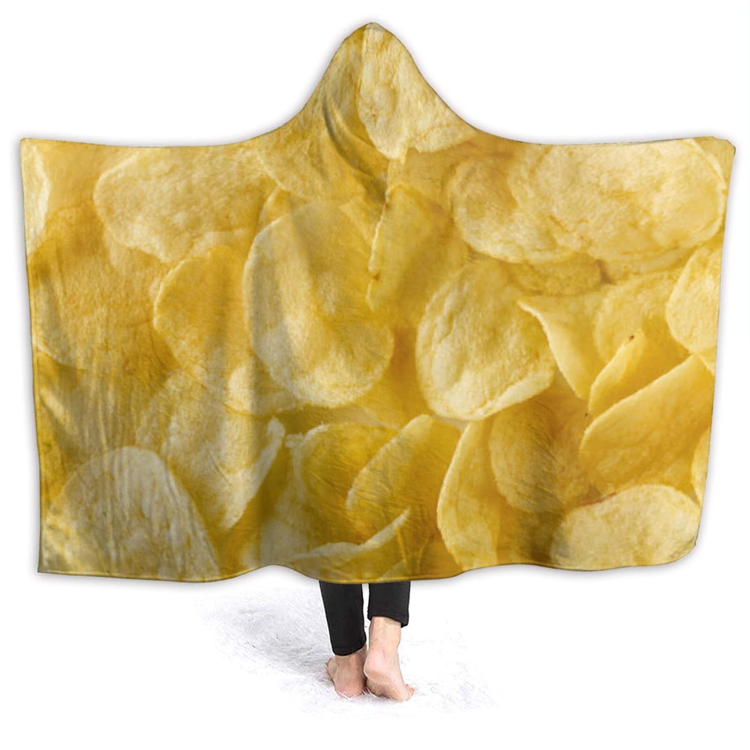 **Soft Flannel Potato Chips Hooded Blanket - Realistic Food Print Wearable Poncho, Funny & Cozy Throw Blanket for Adults & Kids - Perfect for Bed, Sofa, Couch, Travel & Movie Nights (60x50 Inches)**