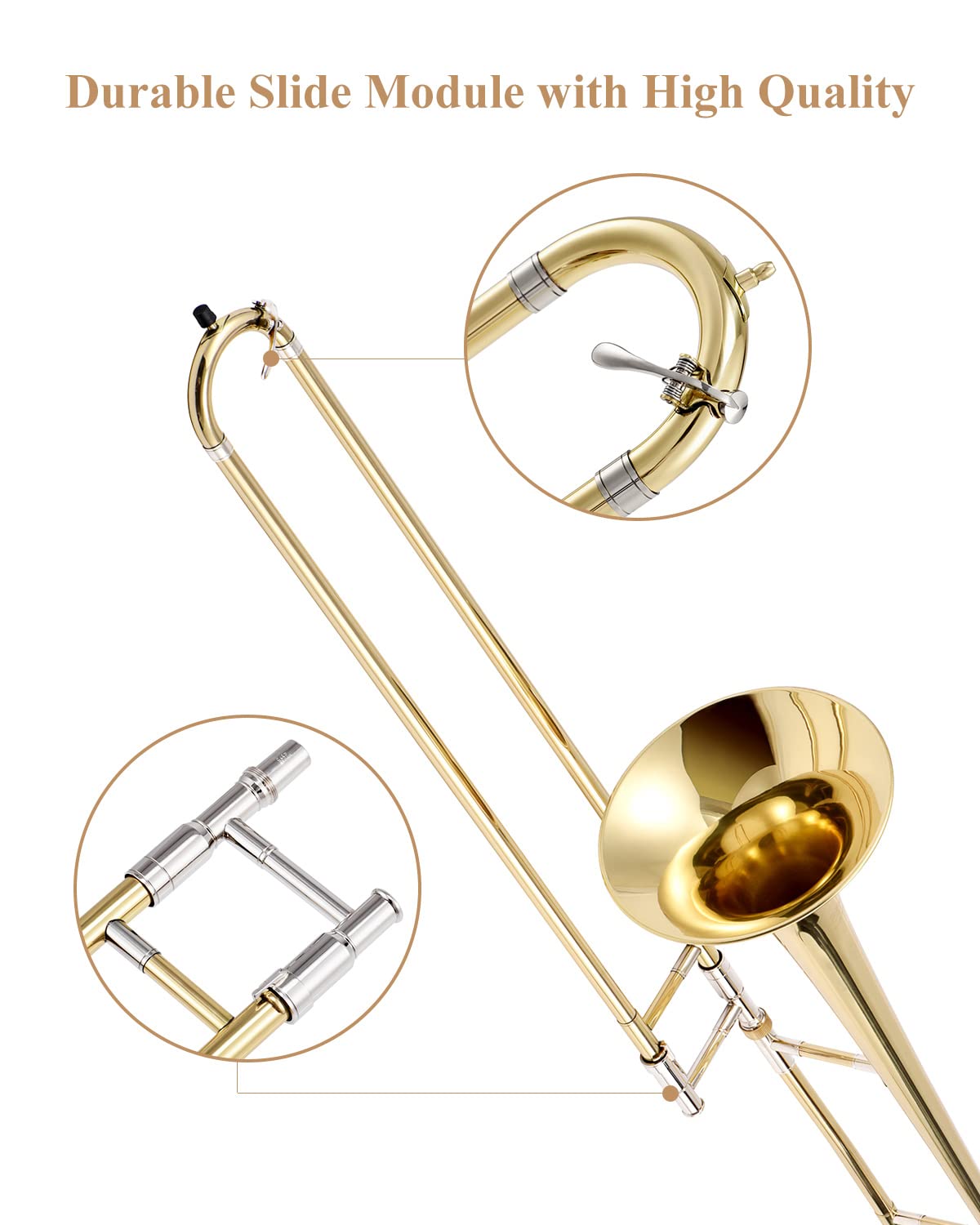 Eastar Bb Tenor Slide Trombone for Beginners - Brass Plated Student Trombone with Mouthpiece, White Gloves & Cleaning Kit (ETB-330, Golden) - Perfect for School Band, Jazz Ensemble & Music Practice