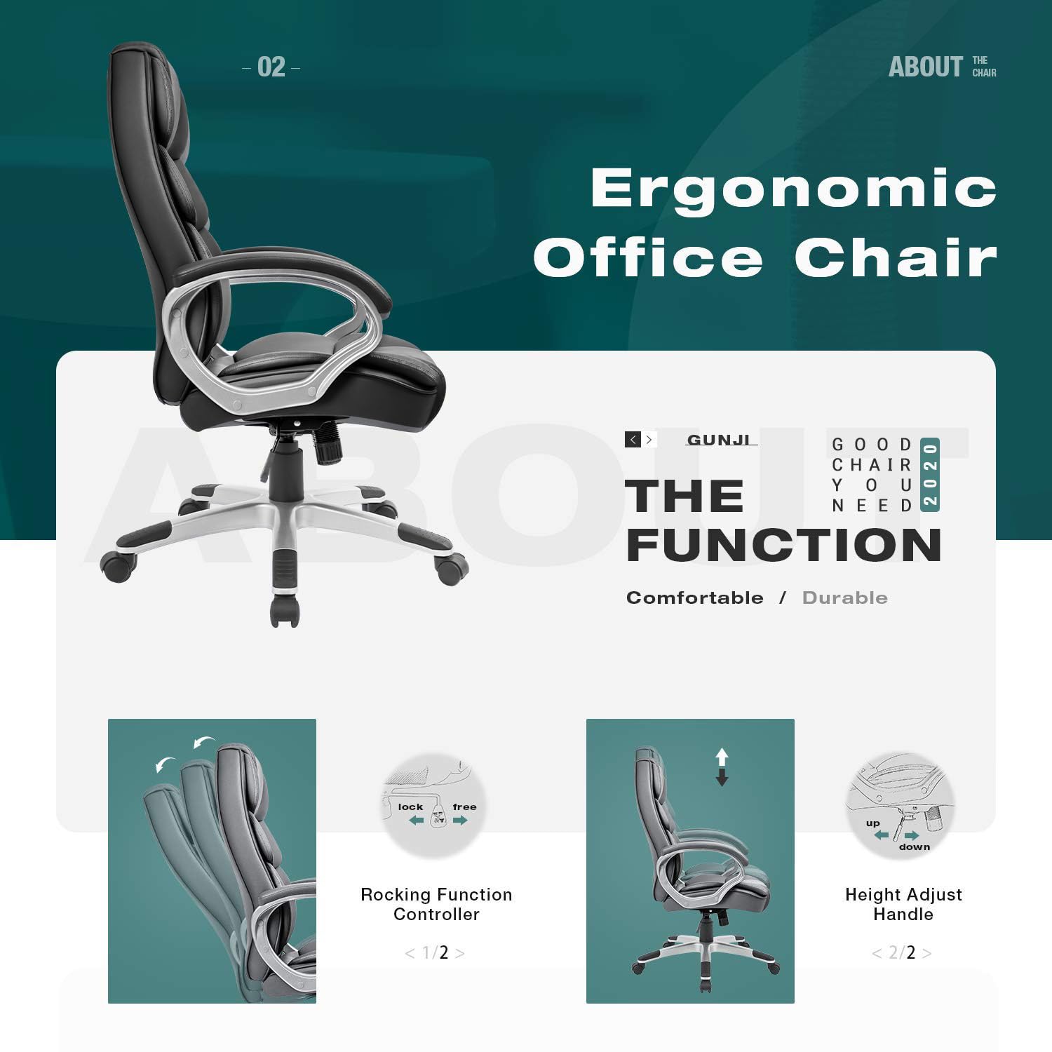 GUNJI Ergonomic Office Chair - High Back PU Leather Executive Desk Chair with Adjustable Height, Swivel & Lumbar Support - Modern Computer Chair for Home & Office Workspace (Black)