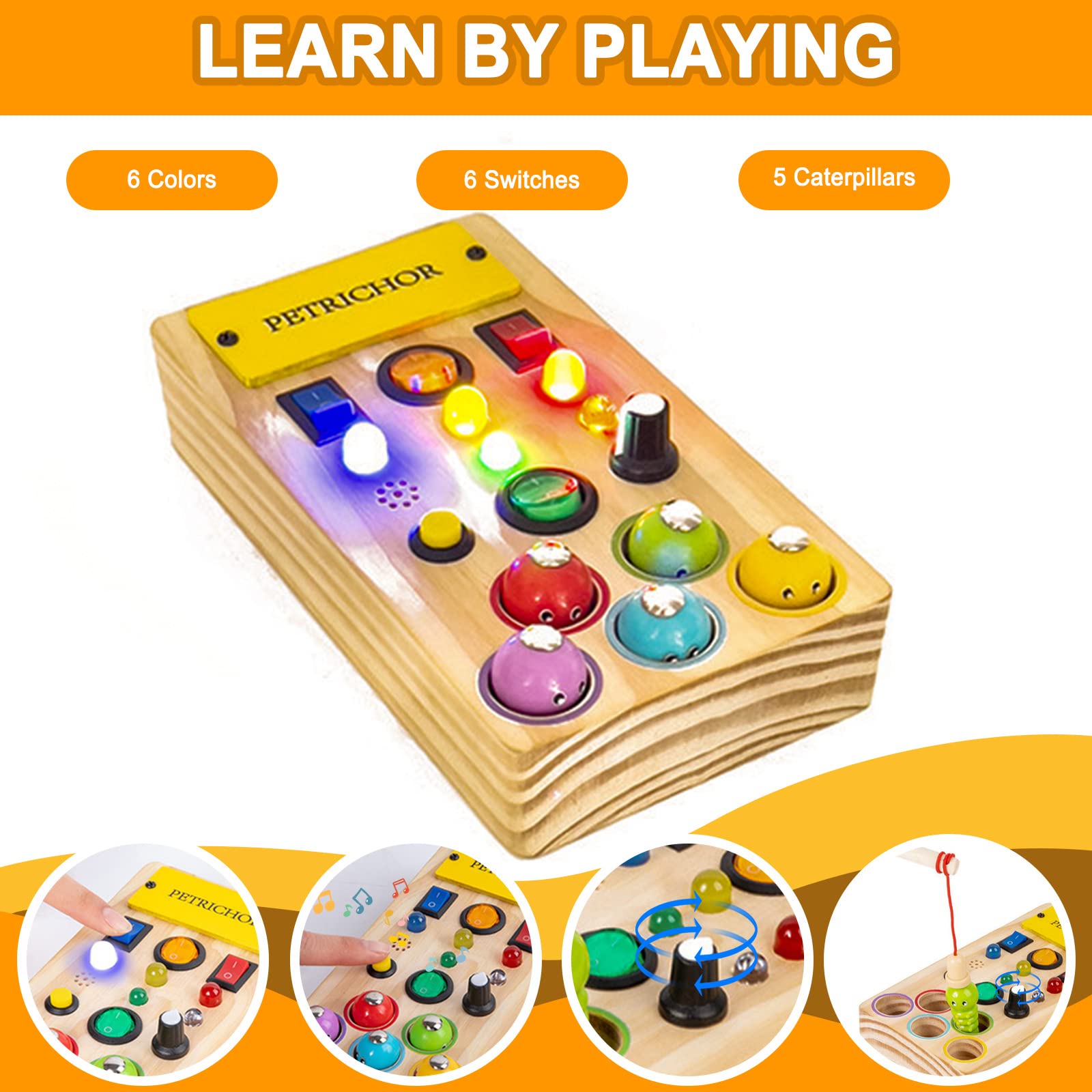 LED Light Busy Board - Montessori Sensory Toy with Toggle Switch, Fidget Toys for Toddlers, Fishing Game & Sound Knob - Handmade Wooden Travel Activity Board for 1 2 3 4 Year Old Boys & Girls - Perfect for Airplane, Car Rides & Quiet Playtime
