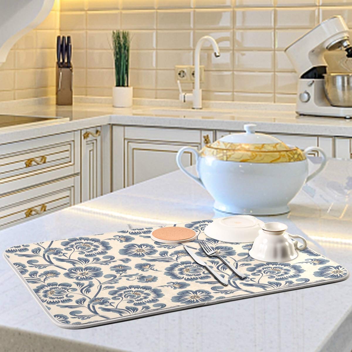 Blue Peony Flowers Dish Drying Mat - 18x24 Inch Absorbent Microfiber Kitchen Counter Mat for Dishes, Utensils & Cookware - Fast Drying, Non-Slip, Beige Kitchen Accessories - Perfect for Countertops, Sink Areas & Dish Racks