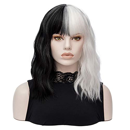 QACCF Heat Resistant Short Wavy Shoulder Length Synthetic Wig with Full Bang for Women - Black & White | Perfect for Cosplay, Daily Wear, and Costume Parties