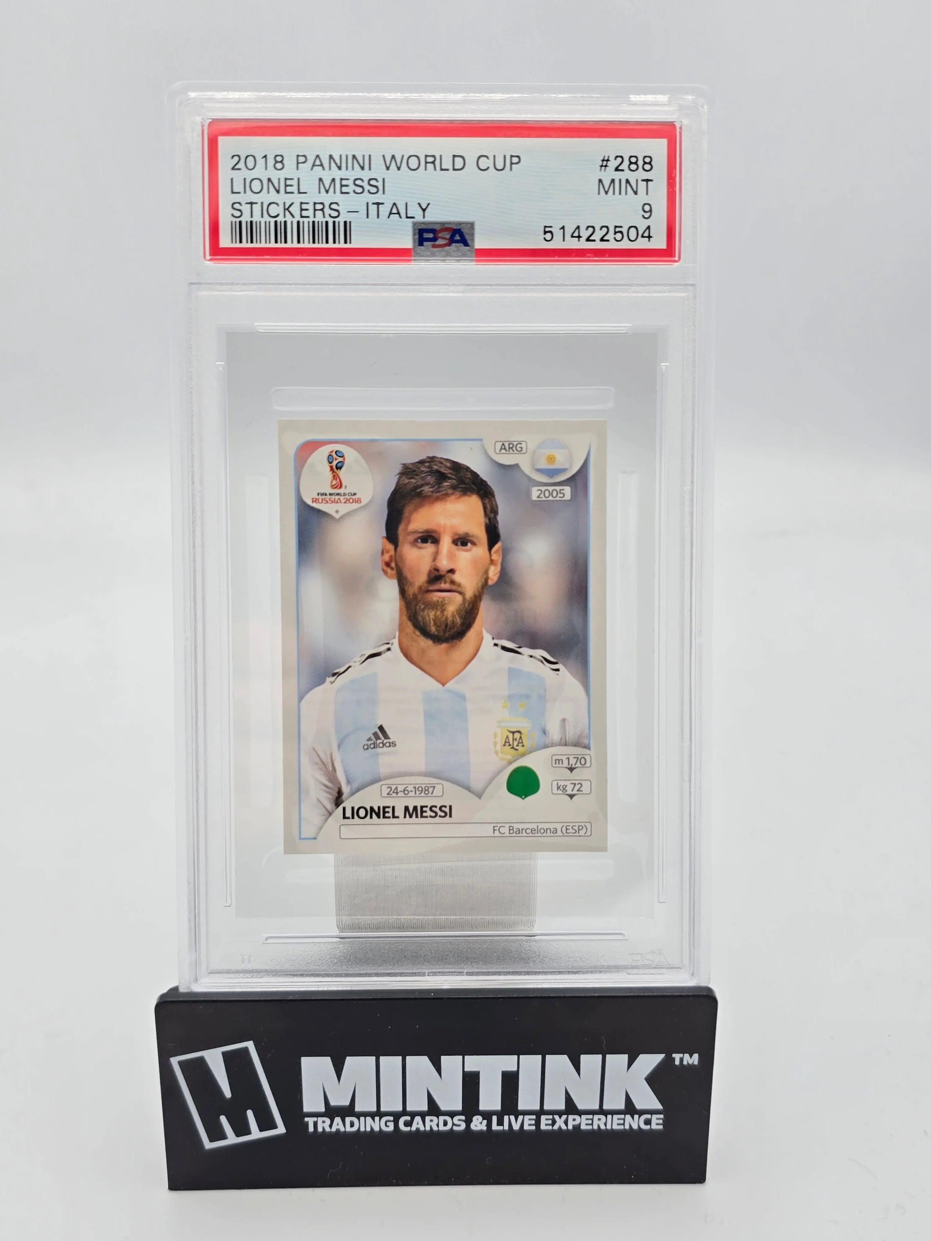 2018 Panini World Cup Stickers Lionel Messi #288 Black Back PSA 9 - Rare Soccer Trading Card for Collectors, Perfect for Display & Investment