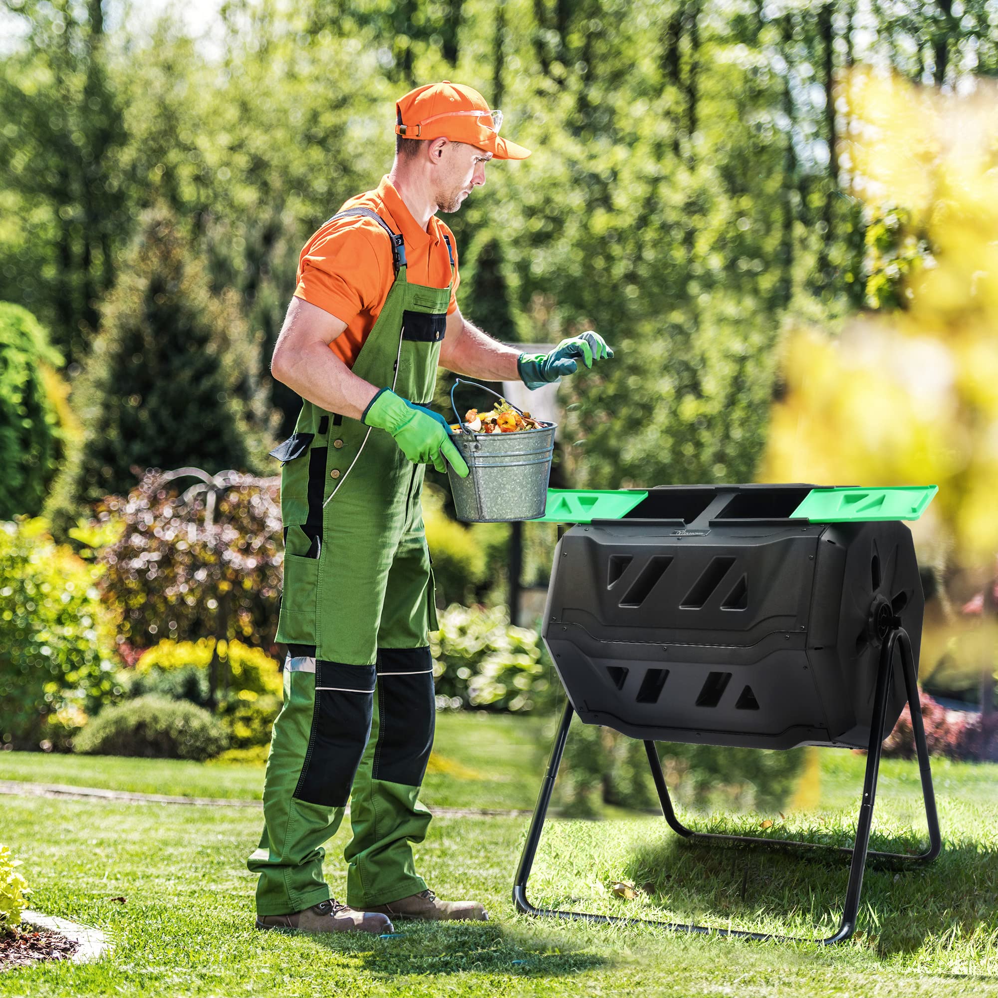 YITAHOME 43 Gallon Large Outdoor Dual Bin Compost Tumbler - 2x21.5 Gallon Rotating Composter with Sliding Doors & Aeration System, BPA Free Garden Compost Bin for Organic Waste Recycling (Green) - Perfect for Backyard Gardening, Sustainable Composting & Eco-Friendly Waste Management