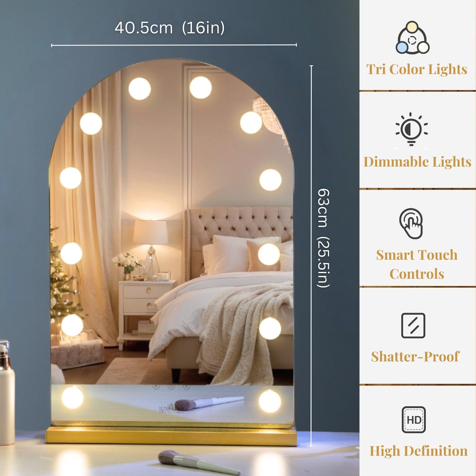 Hollywood Makeup Mirror with Lights - 12 Dimmable LED Bulbs, Smart Touch Control & 3 Color Modes (Gold) | Large Vanity Mirror for Bedroom, Dressing Room & Professional Makeup Studio