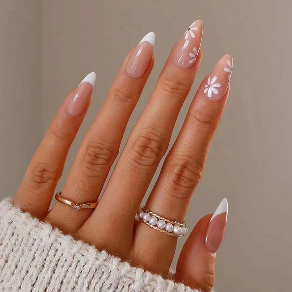 RikView French Tip Press on Nails - Medium Length Fake Nails with White Floral Design, Almond Shaped Acrylic Nails for Women | Perfect for Weddings, Parties & Daily Wear