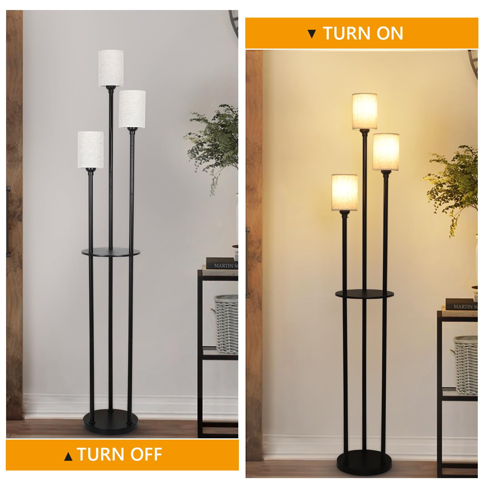 Modern 3-Light Floor Lamp with Shelves & Linen Shade - Industrial Standing Lamp for Living Room, Bedroom & Office - Adjustable Height with Foot Switch (Black) - Perfect for Reading, Working & Home Decor