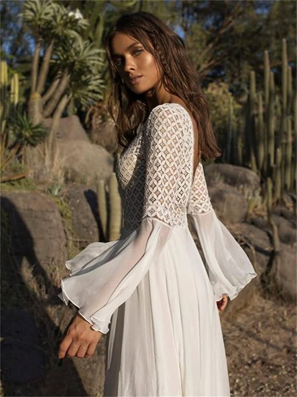 Sexy Boho Wedding Dress - A-Line V-Neck Chiffon Maxi Gown with Long Sleeves | Perfect for Beach, Garden & Bohemian Weddings