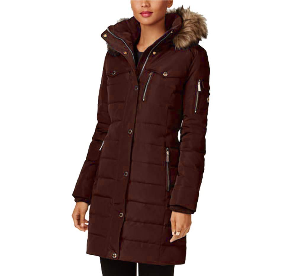 Michael Kors Women's Chocolate Brown 3/4 Length Hooded Down Puffer Jacket - Winter Warm Coat for Casual Outings & City Fashion