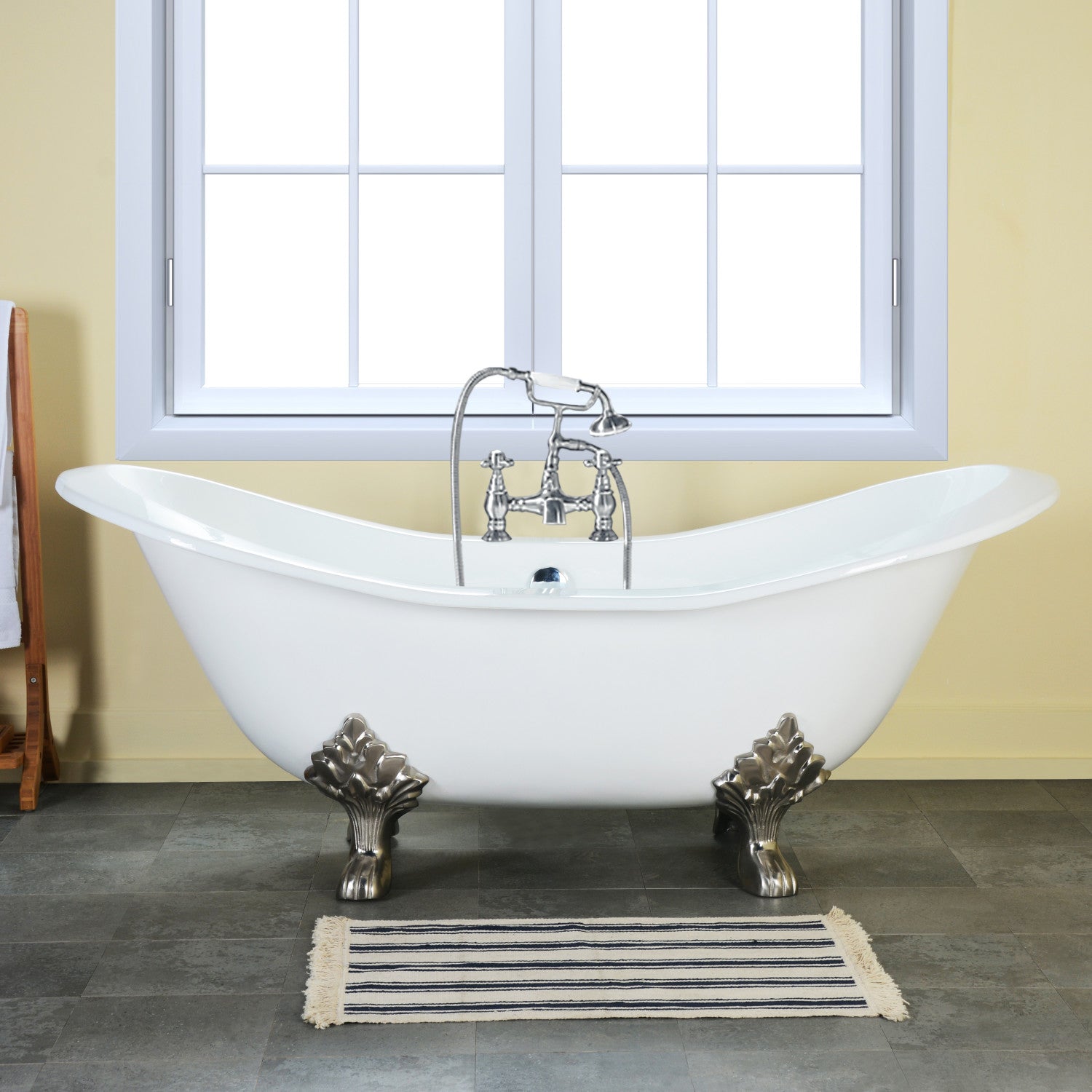Aqua Eden 61-Inch White Cast Iron Oval Double Slipper Clawfoot Bathtub with 7-Inch Faucet Drillings & Polished Chrome Finish - Vintage Bathroom Centerpiece for Luxury Spa Experience