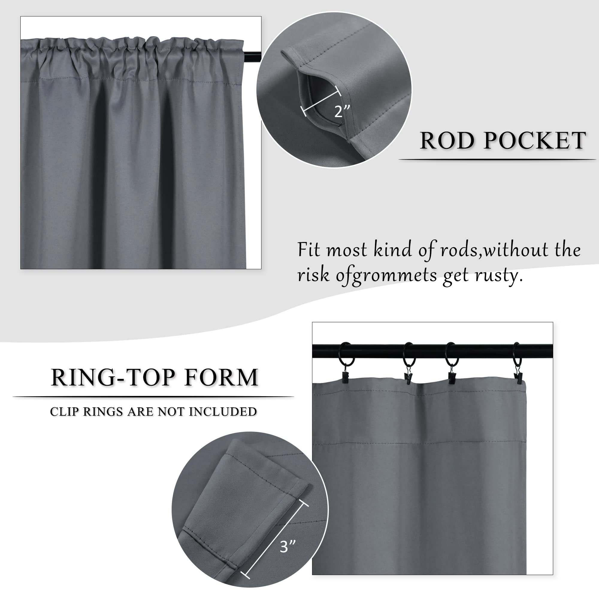 24 Inch Gray Short Blackout Curtains 2 Panels Set - Half Window Kitchen Tiers with Rod Pocket - Medium Grey 29