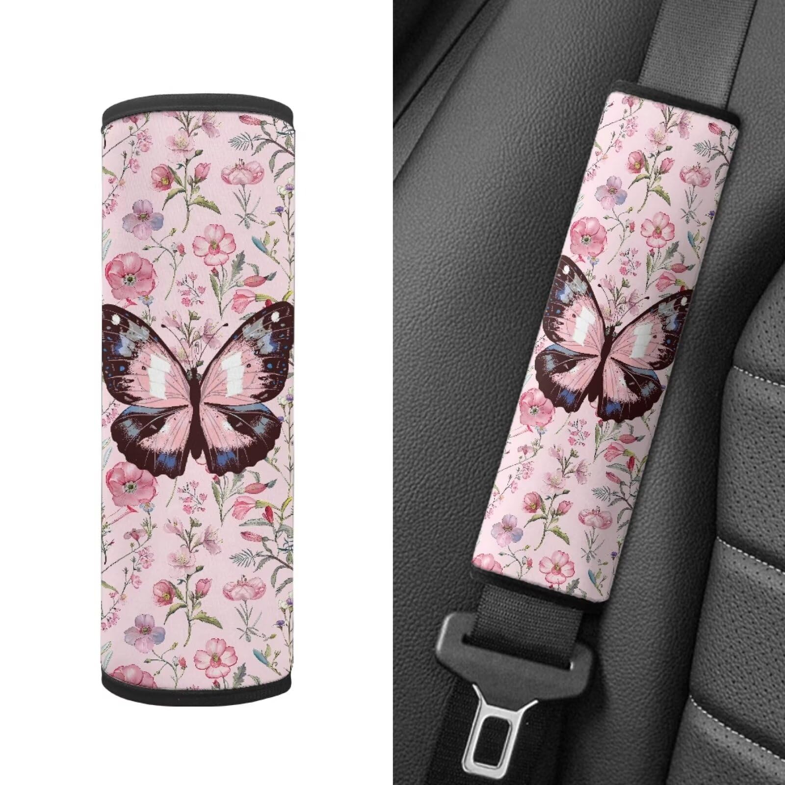 Pink Butterfly Car Seat Strap Covers for Baby & Kids - 2 Pack Anti-Slip Seat Belt Pads, Neck & Shoulder Protection for Strollers, Carriers, Pushchairs - Soft Universal Cushion for Boys & Girls (Perfect for Travel, Shopping & Daily Outings)